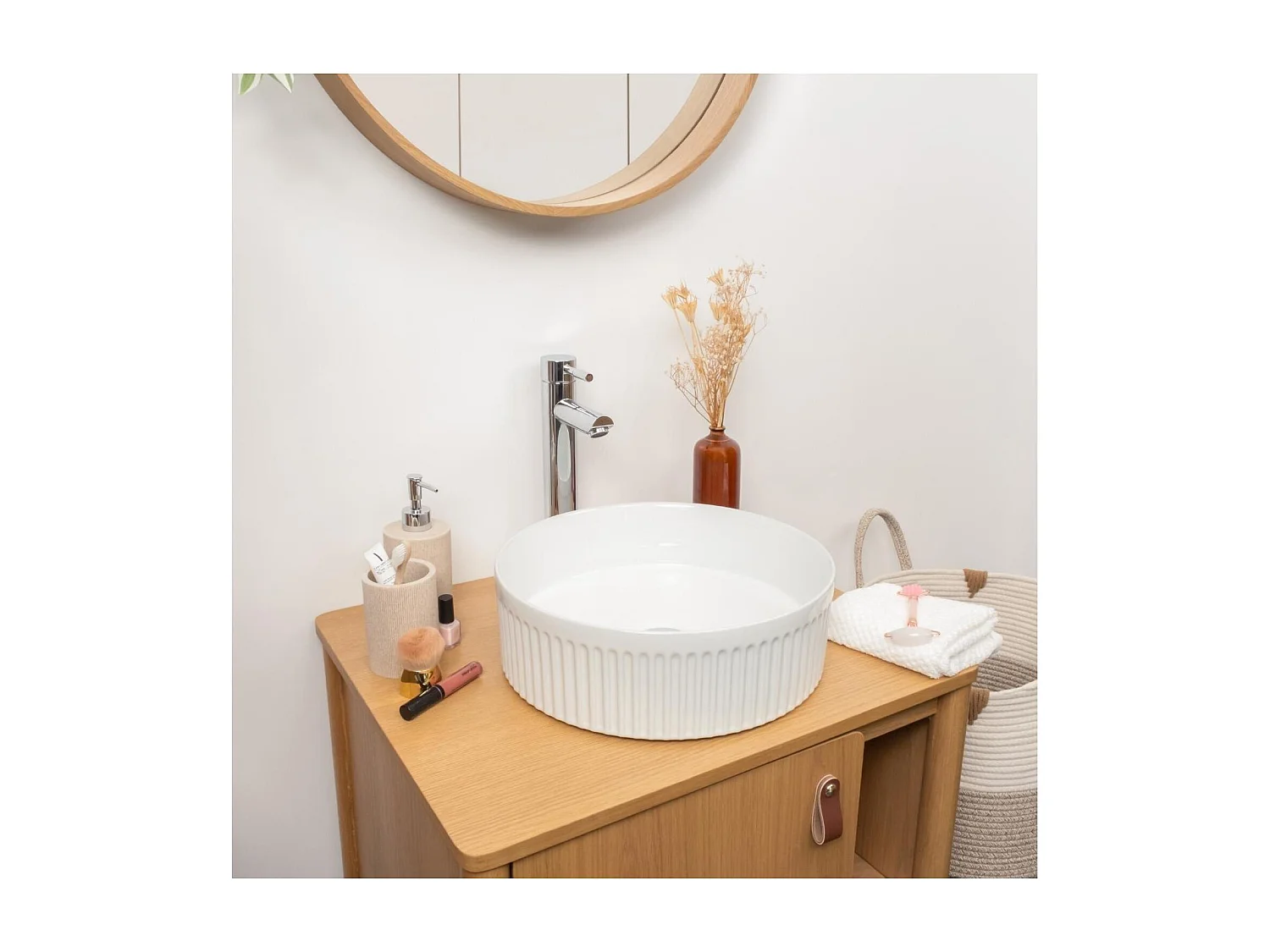 BERRY 36 cm rundes Aufsatzwaschbecken aus strukturierter weißer Keramik