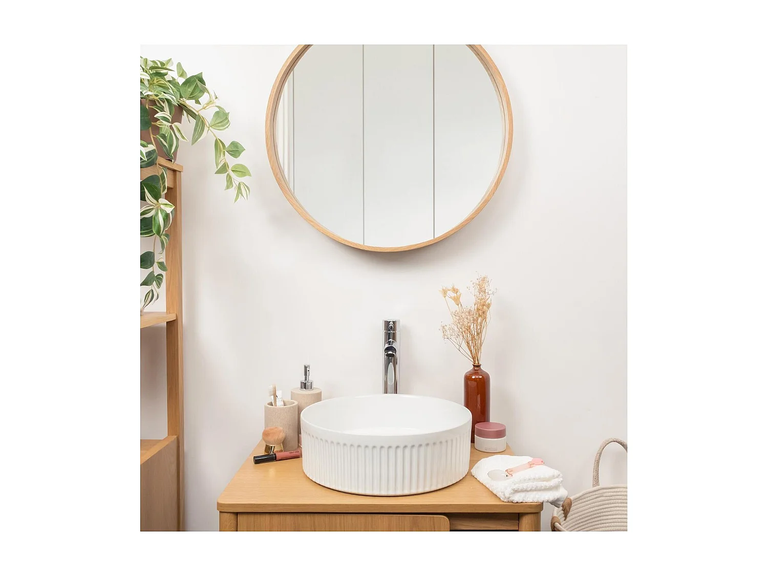 BERRY 36 cm rundes Aufsatzwaschbecken aus strukturierter weißer Keramik