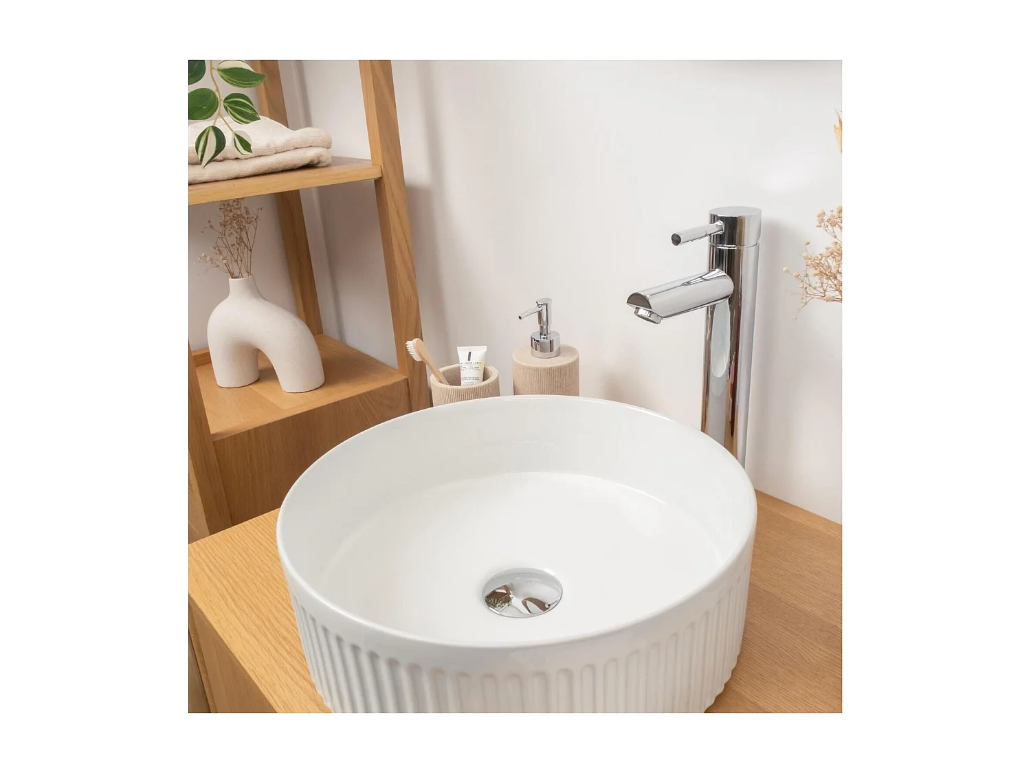 BERRY 36 cm rundes Aufsatzwaschbecken aus strukturierter weißer Keramik