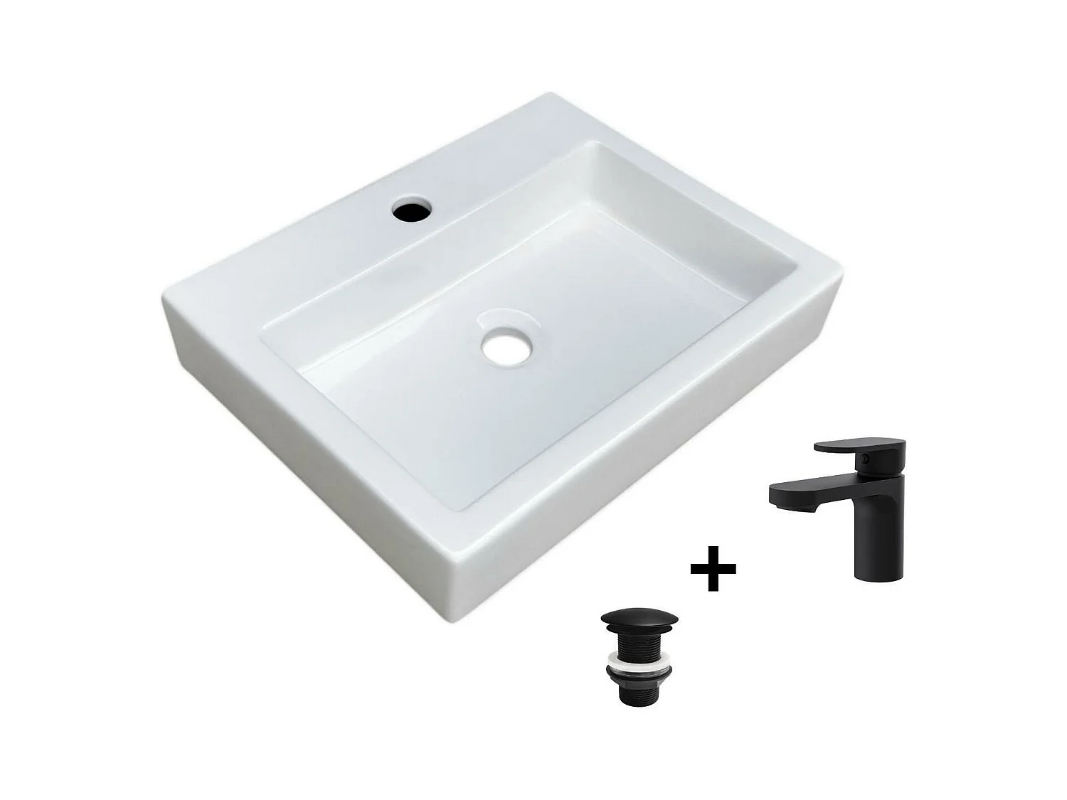 Vasque à poser rectangulaire 48x38cm + robinet et bonde noirs