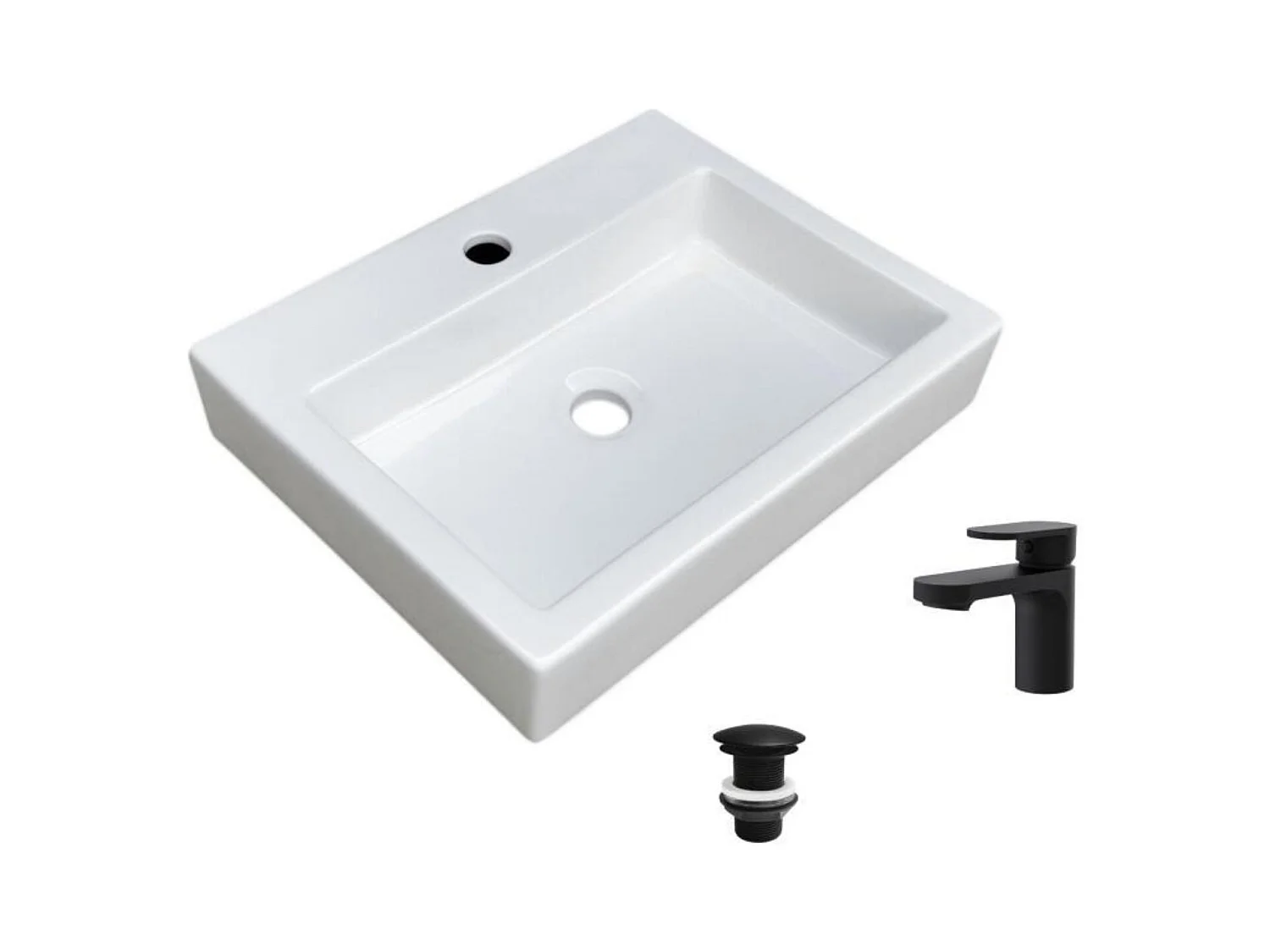 Vasque à poser rectangulaire 48x38cm + robinet et bonde noirs