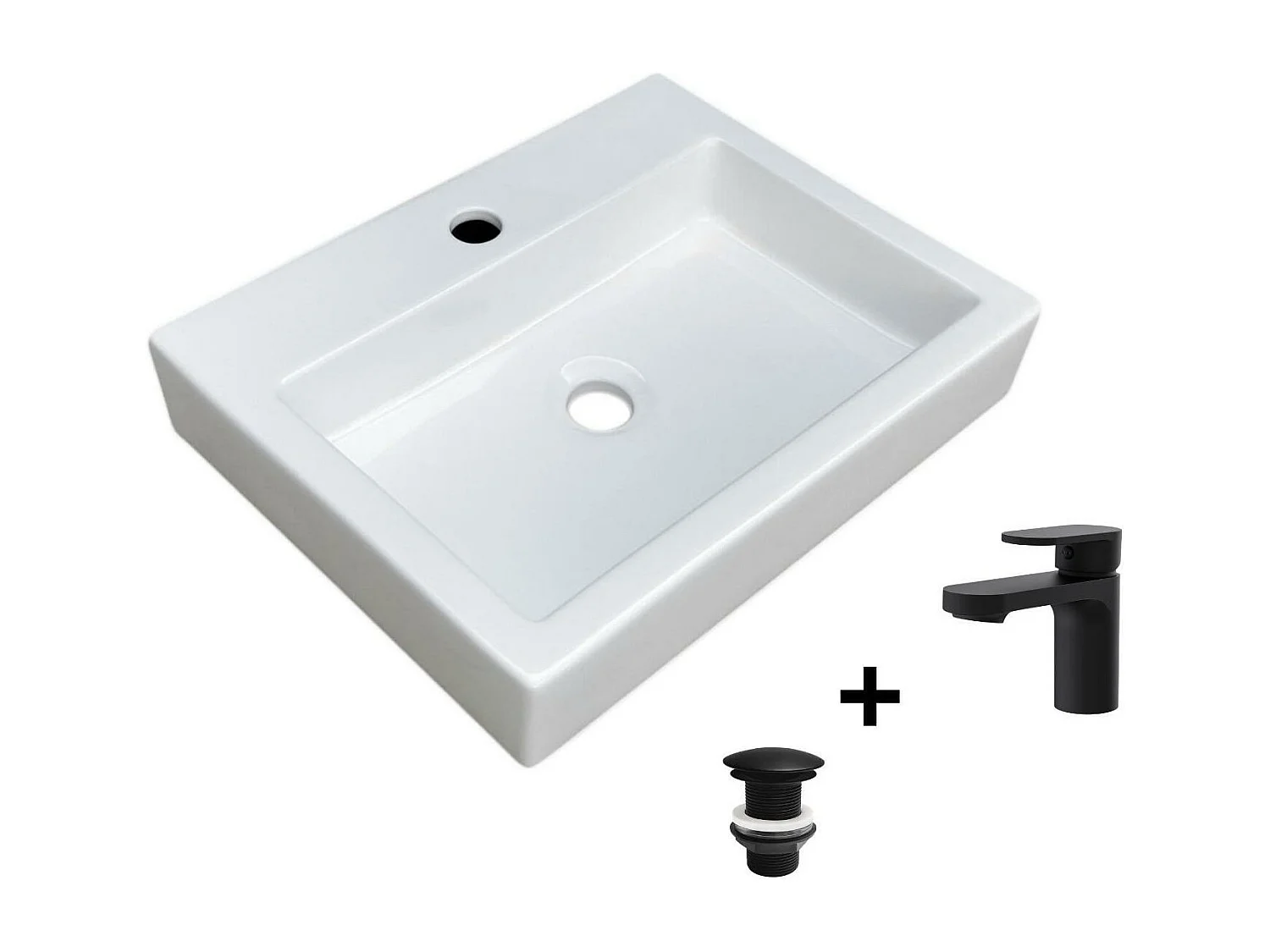 Rechteckiges Aufsatzwaschbecken 48x38cm + Wasserhahn + PADI-Ablaufgarnitur