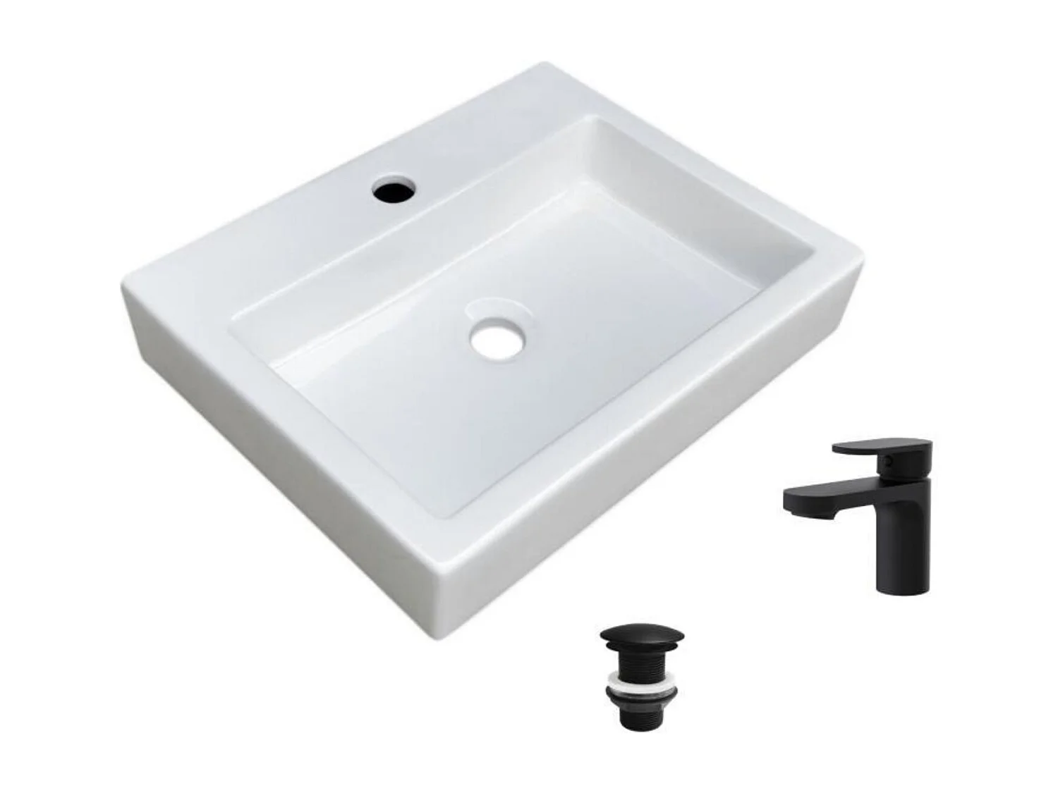 Rechteckiges Aufsatzwaschbecken 48x38cm + Wasserhahn + PADI-Ablaufgarnitur