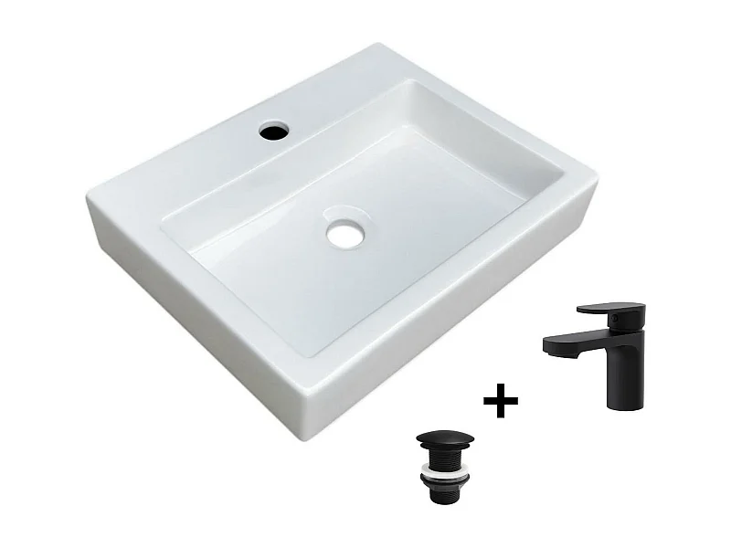 Vasque à poser rectangulaire 48x38cm + robinet et bonde noirs