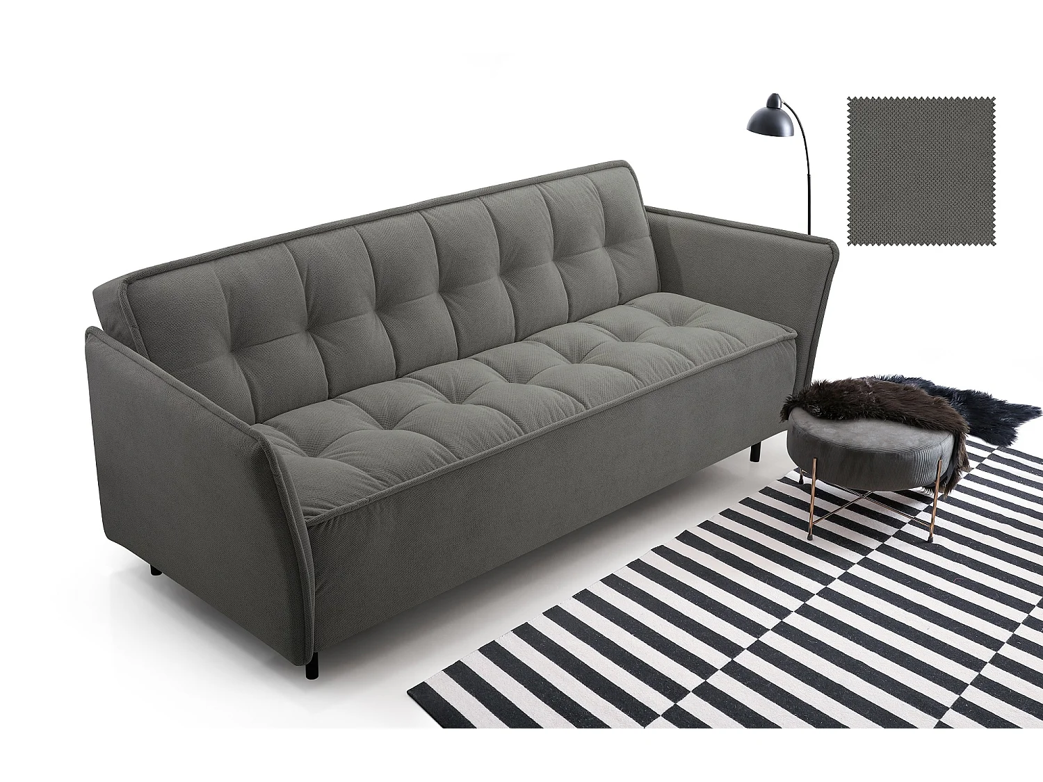 Divano letto scandinavo con struttura in legno, schienale in legno di conifera, molle ondulate, 220x90x50 cm, colore: Grigio