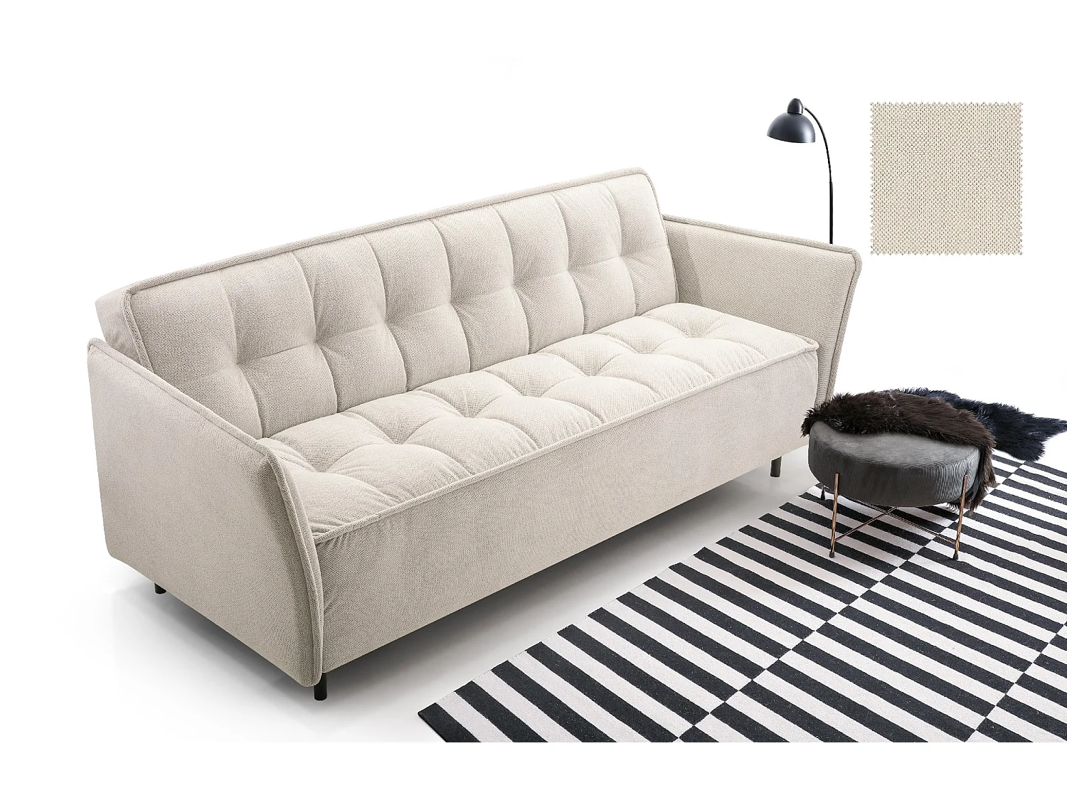 Skandinavisches Schlafsofa 220x90x50 cm – Holzrahmen, Schlaffunktion, Wellenfederung – Beige