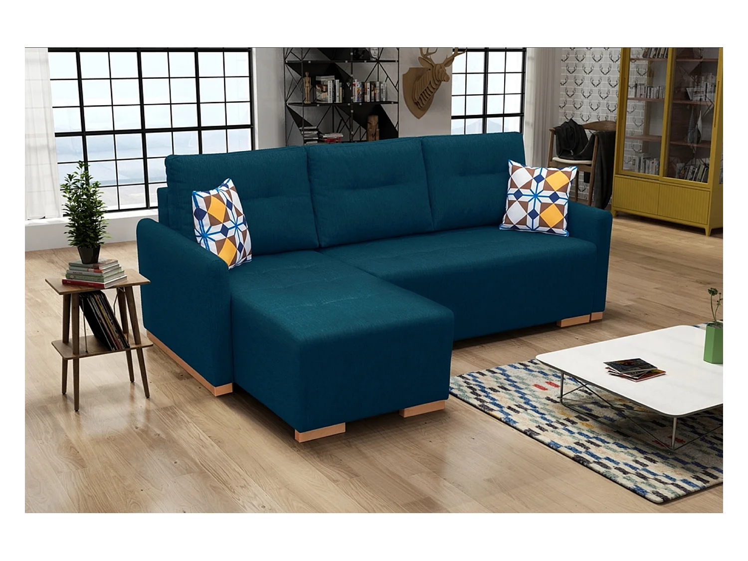 Ecksofa mit Schlaffunktion & Bettkasten – Robustes Sofa mit Holzfüßen & Stauraum | Links 228x151x93 cm TURQUOISE