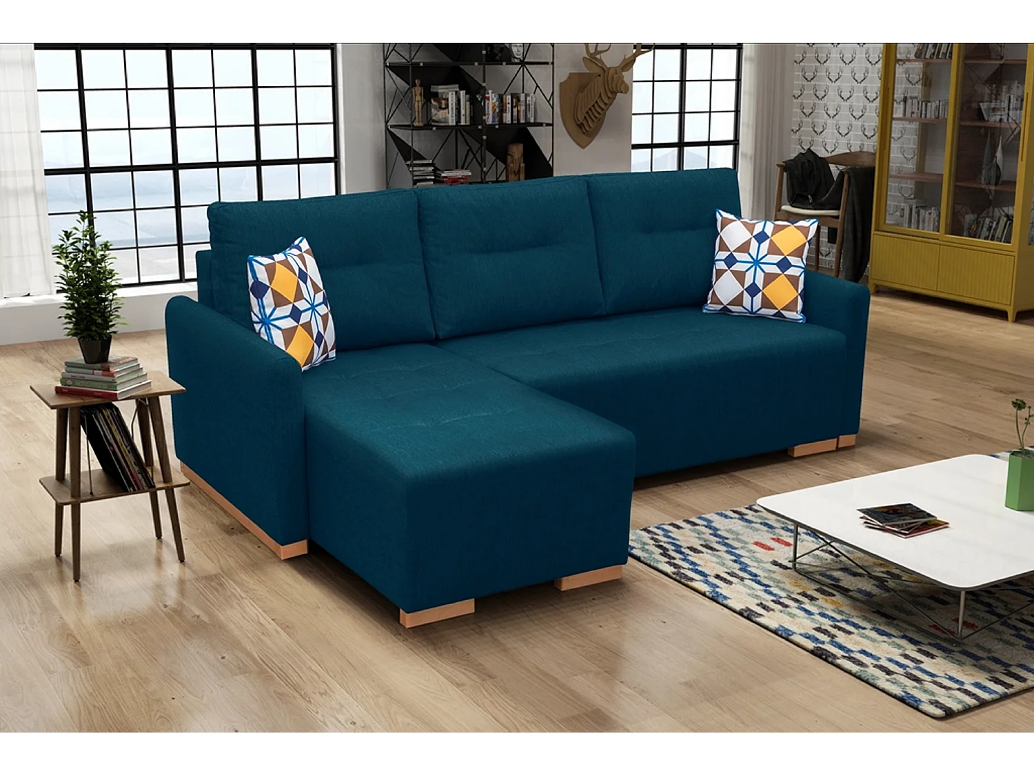 Ecksofa mit Schlaffunktion & Bettkasten – Robustes Sofa mit Holzfüßen & Stauraum | Links 228x151x93 cm TURQUOISE