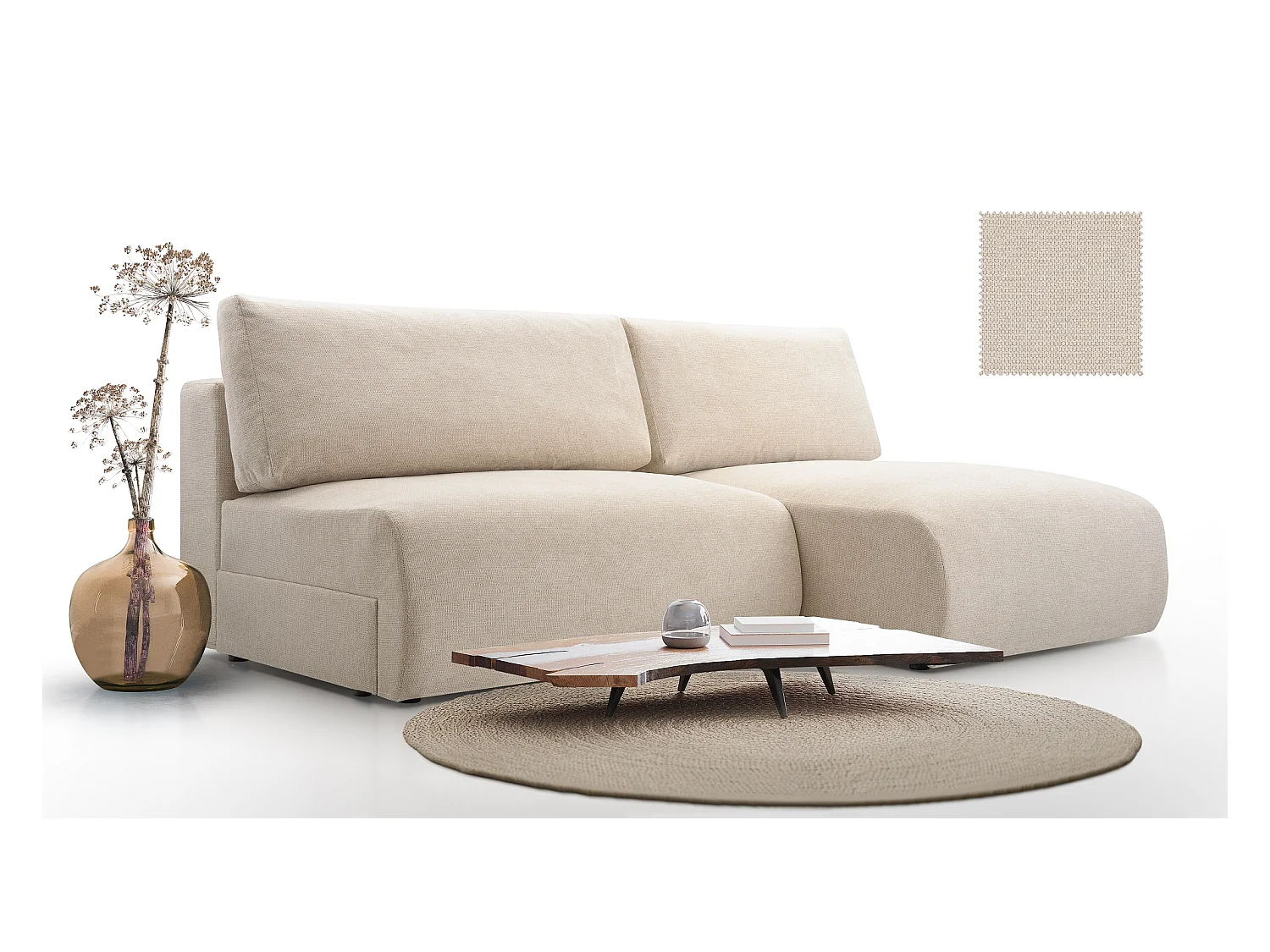 Ecksofa MILENA mit Schlaffunktion, Bettkasten & ARAGON-Stoff – 223x150x95 cm – Rechts Cremefarben