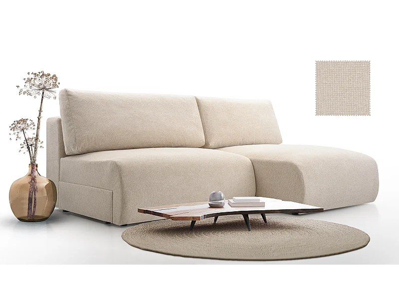 Ecksofa MILENA mit Schlaffunktion, Bettkasten & ARAGON-Stoff – 223x150x95 cm – Rechts Cremefarben