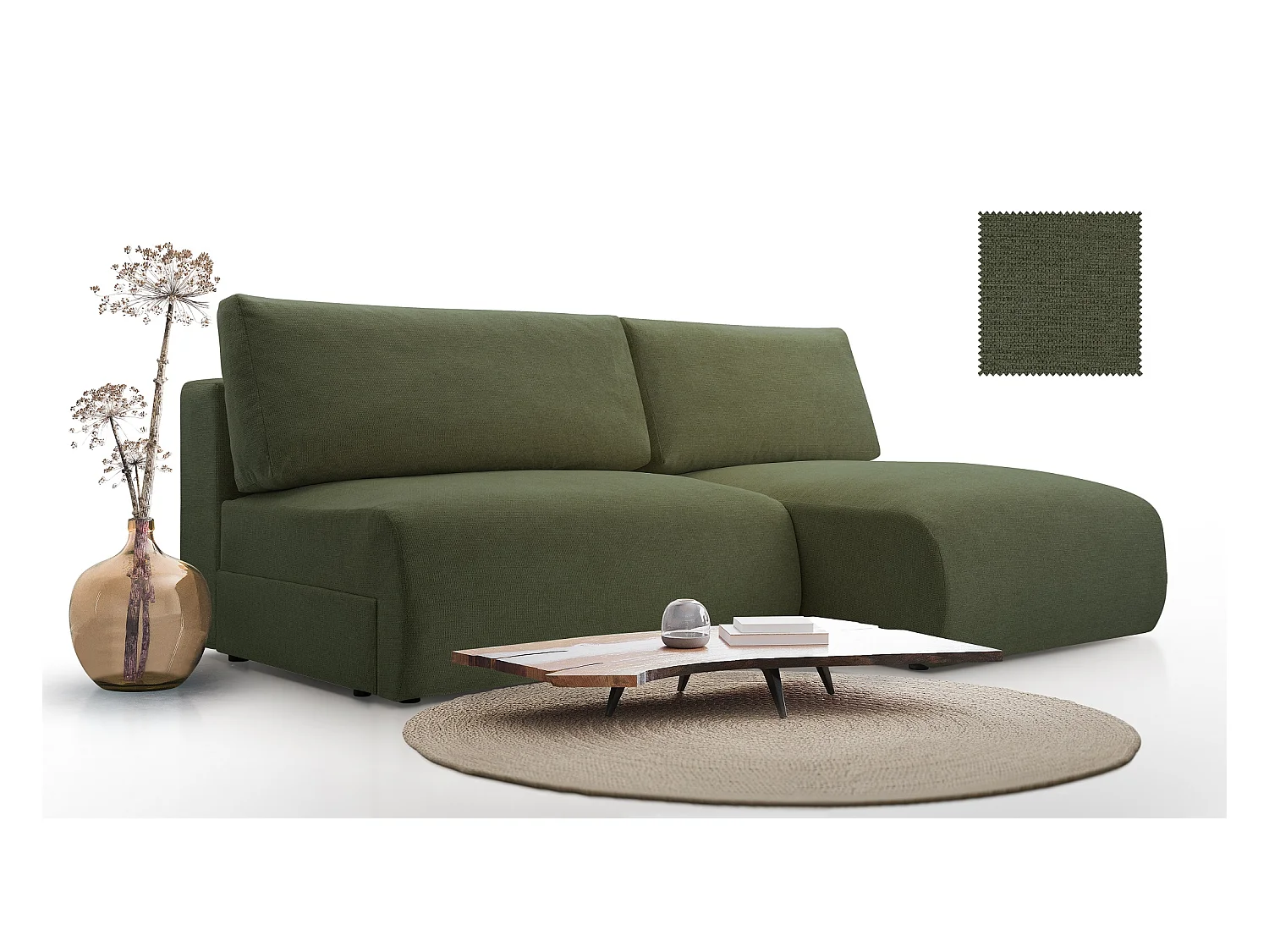 Ecksofa MILENA mit Schlaffunktion, Bettkasten & ARAGON-Stoff – 223x150x95 cm – Rechts Grün