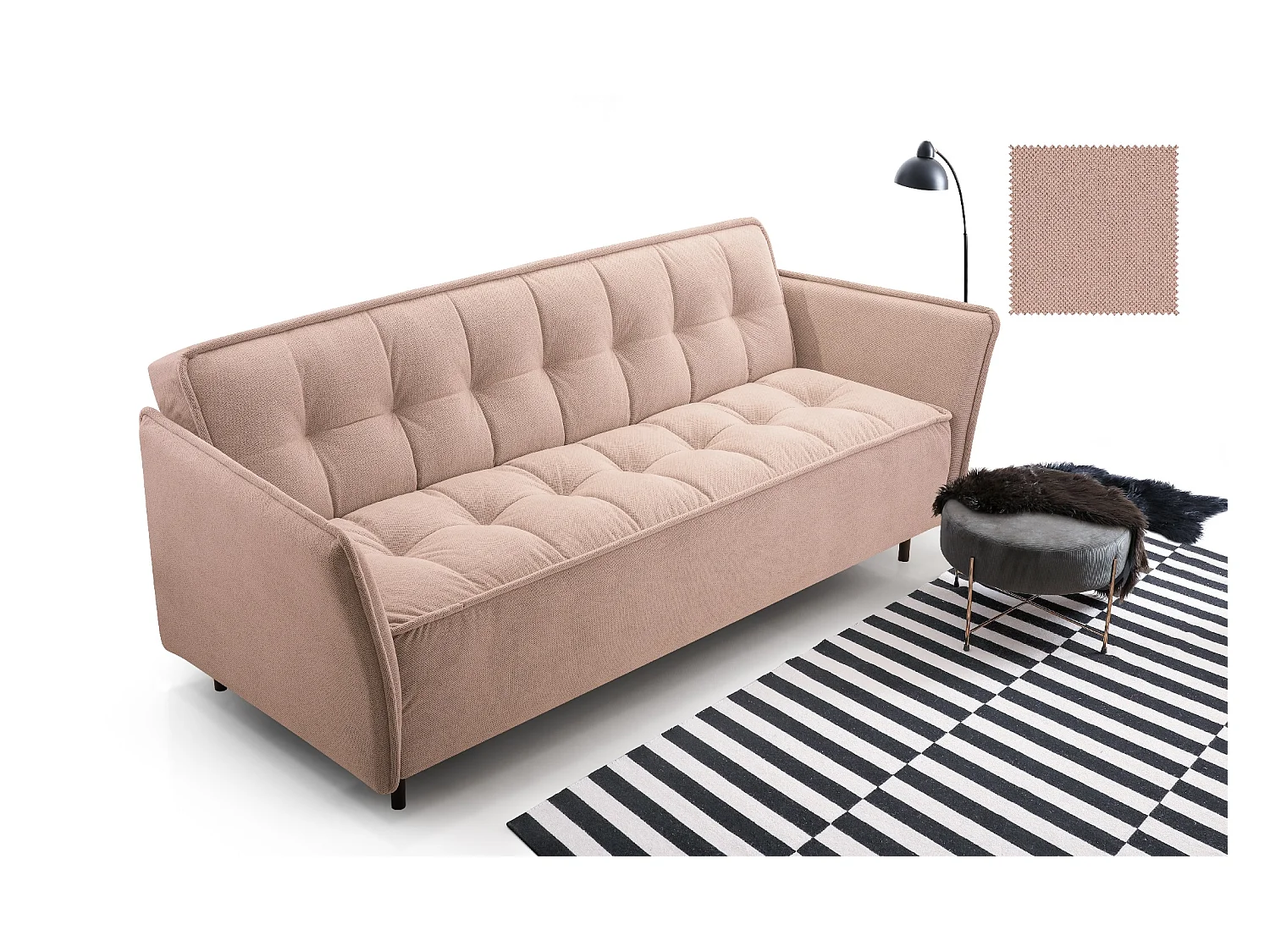 Skandinavisches Schlafsofa 220x90x50 cm – Holzrahmen, Schlaffunktion, Wellenfederung – Puderrosa