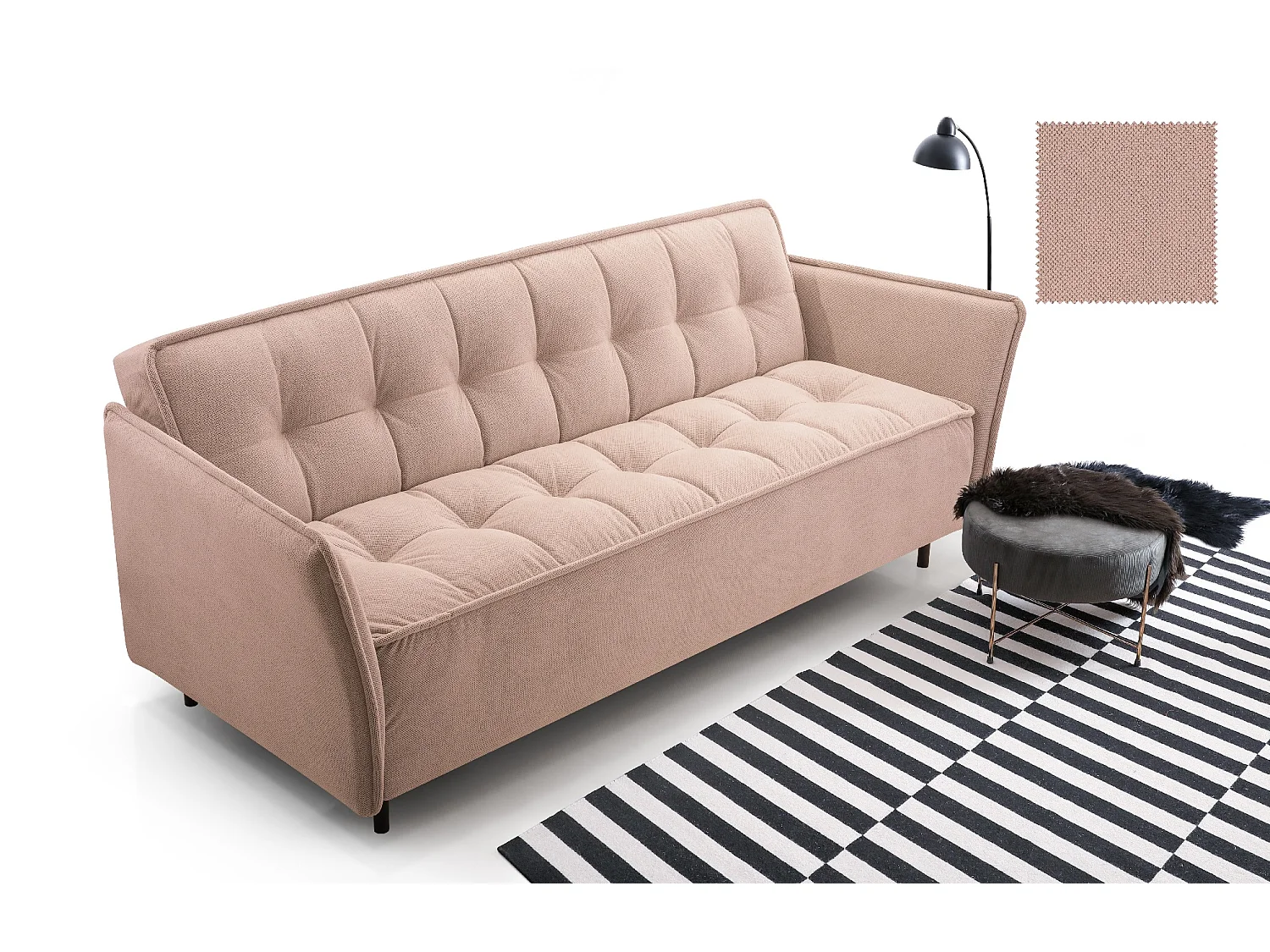 Skandinavisches Schlafsofa 220x90x50 cm – Holzrahmen, Schlaffunktion, Wellenfederung – Puderrosa