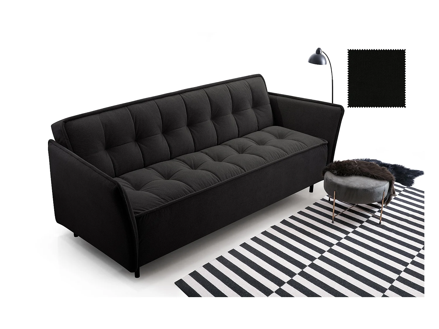 Skandinavisches Schlafsofa 220x90x50 cm – Holzrahmen, Schlaffunktion, Wellenfederung – Schwarz