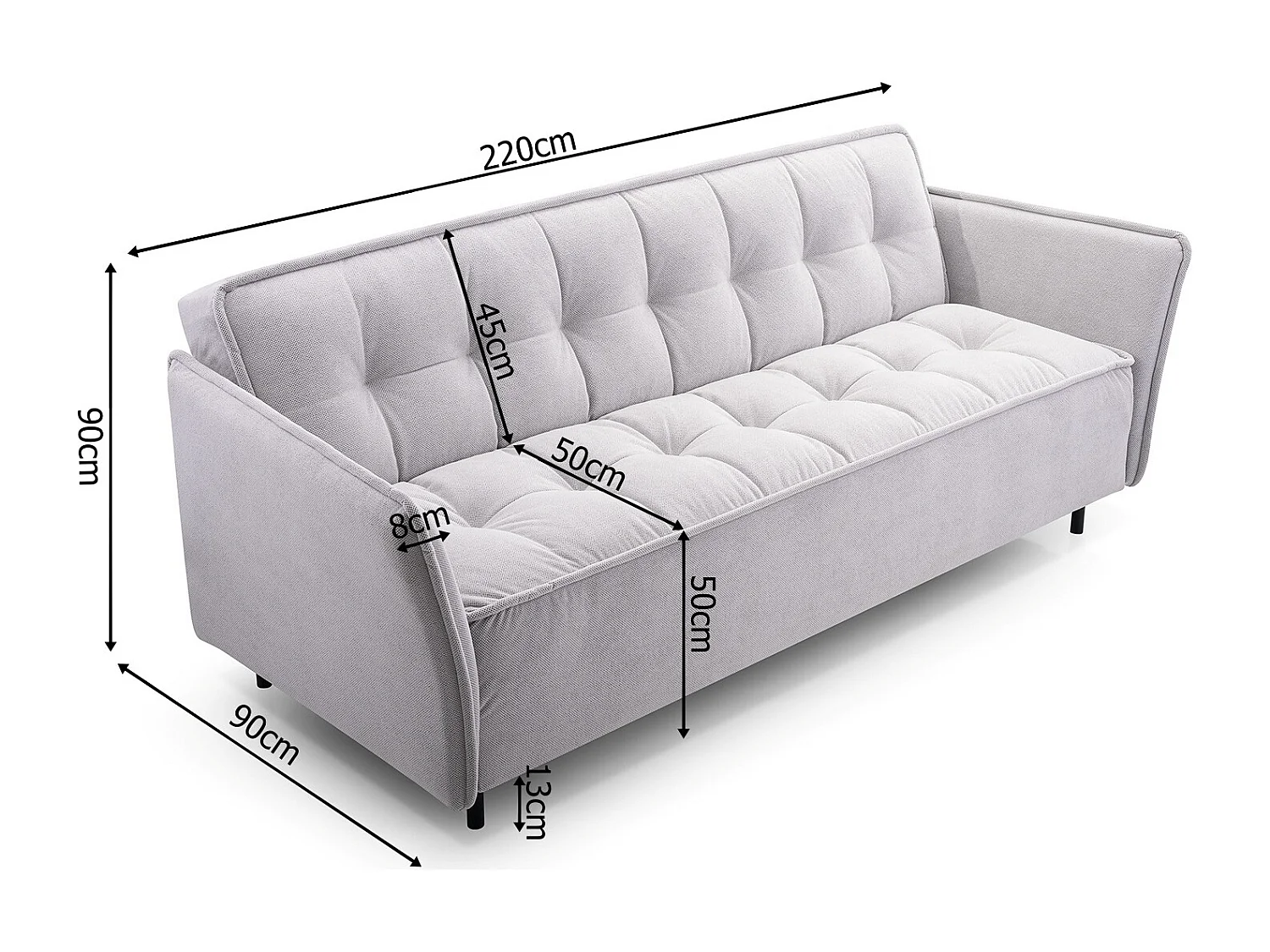 Skandinavisches Schlafsofa 220x90x50 cm – Holzrahmen, Schlaffunktion, Wellenfederung – Esche