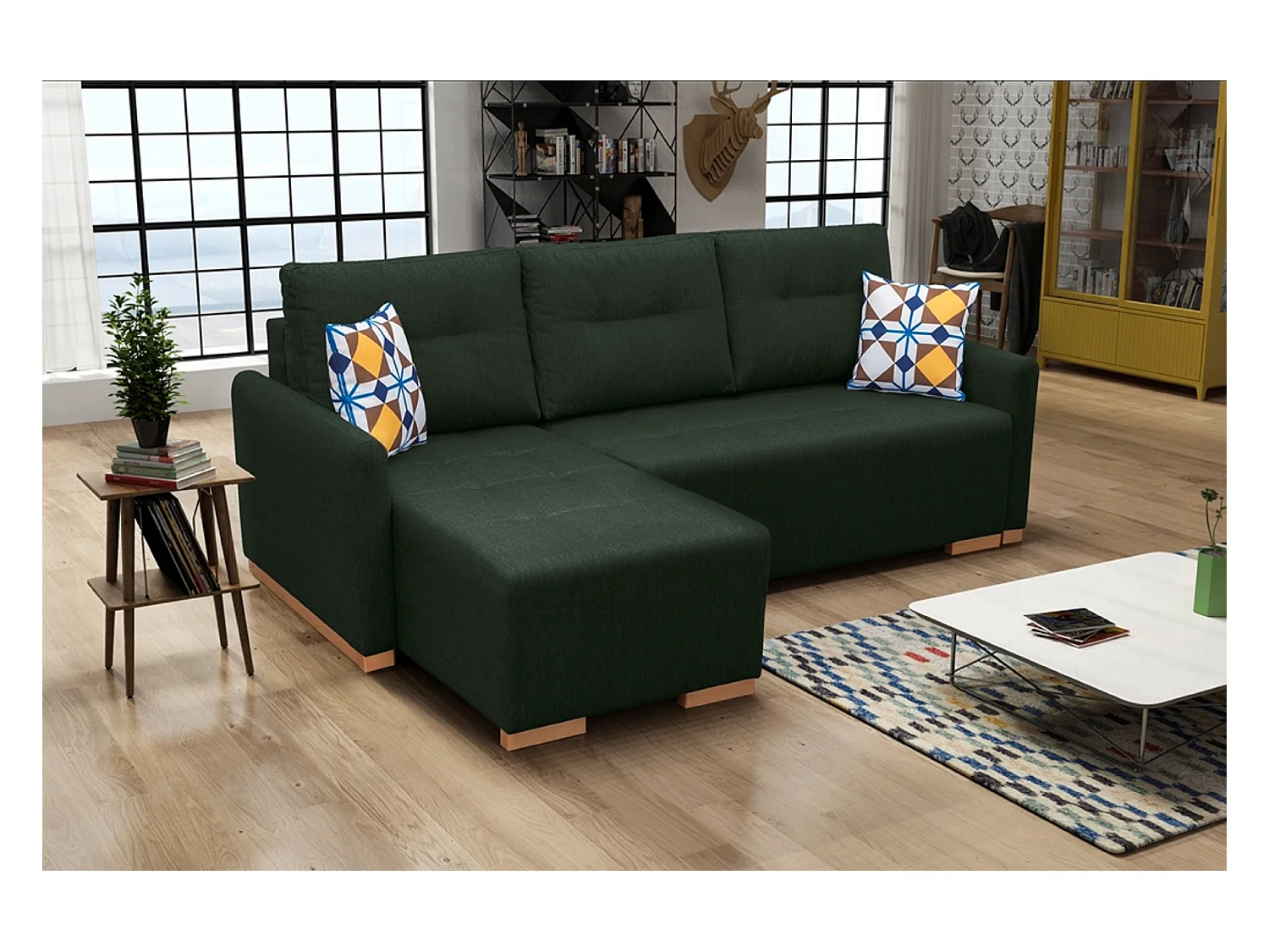 Ecksofa mit Schlaffunktion & Bettkasten – Robustes Sofa mit Schaumstoffpolsterung | Links 228x151x93 cm GRÜN