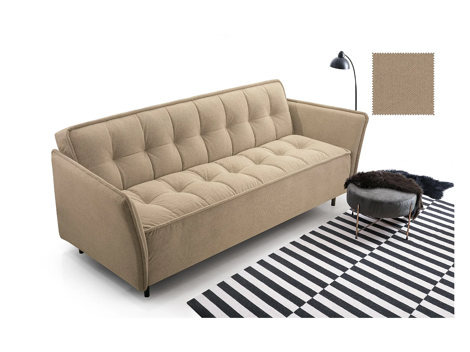 Scandinavische slaapbank, houten frame, MDF & spaanplaat, grenen rugleuning, slaapfunctie, golfvering, 220x90x50 cm, cappuccino