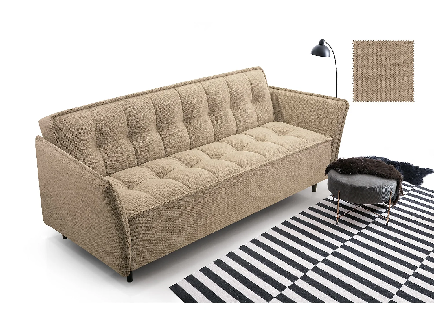 Skandinavisches Schlafsofa 220x90x50 cm – Holzrahmen, Schlaffunktion, Wellenfederung – Cappuccino