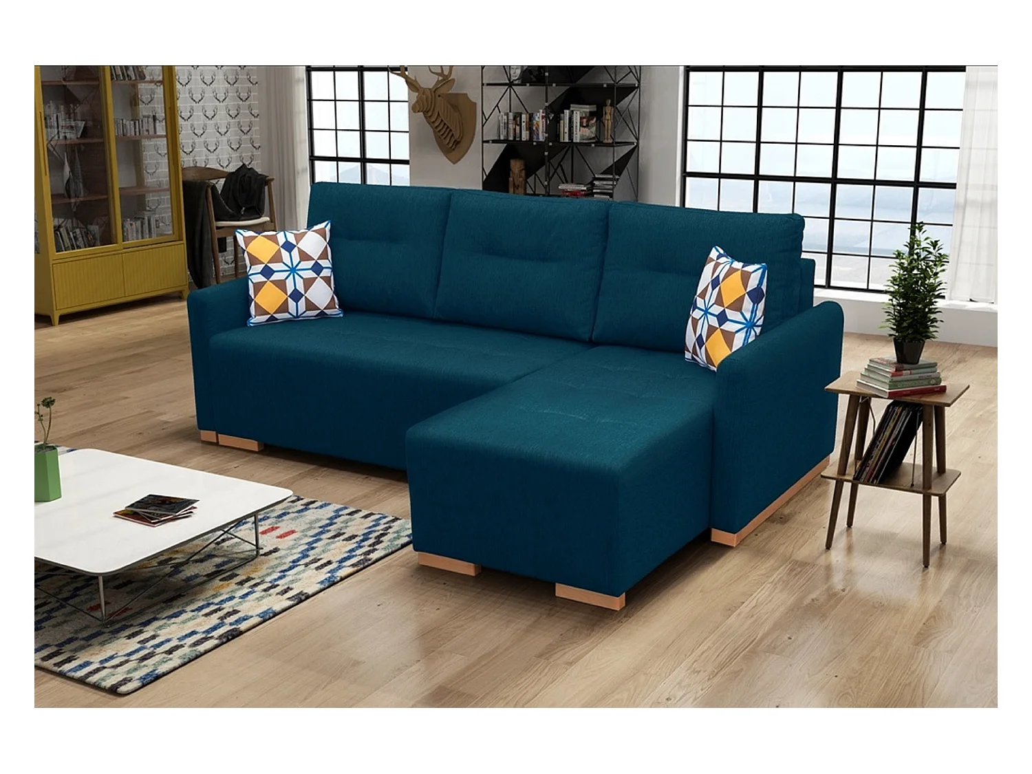 Canapé-lit avec coffre et mousse confortable – Moderne | Droite 228x151x93 cm TURQUOISE