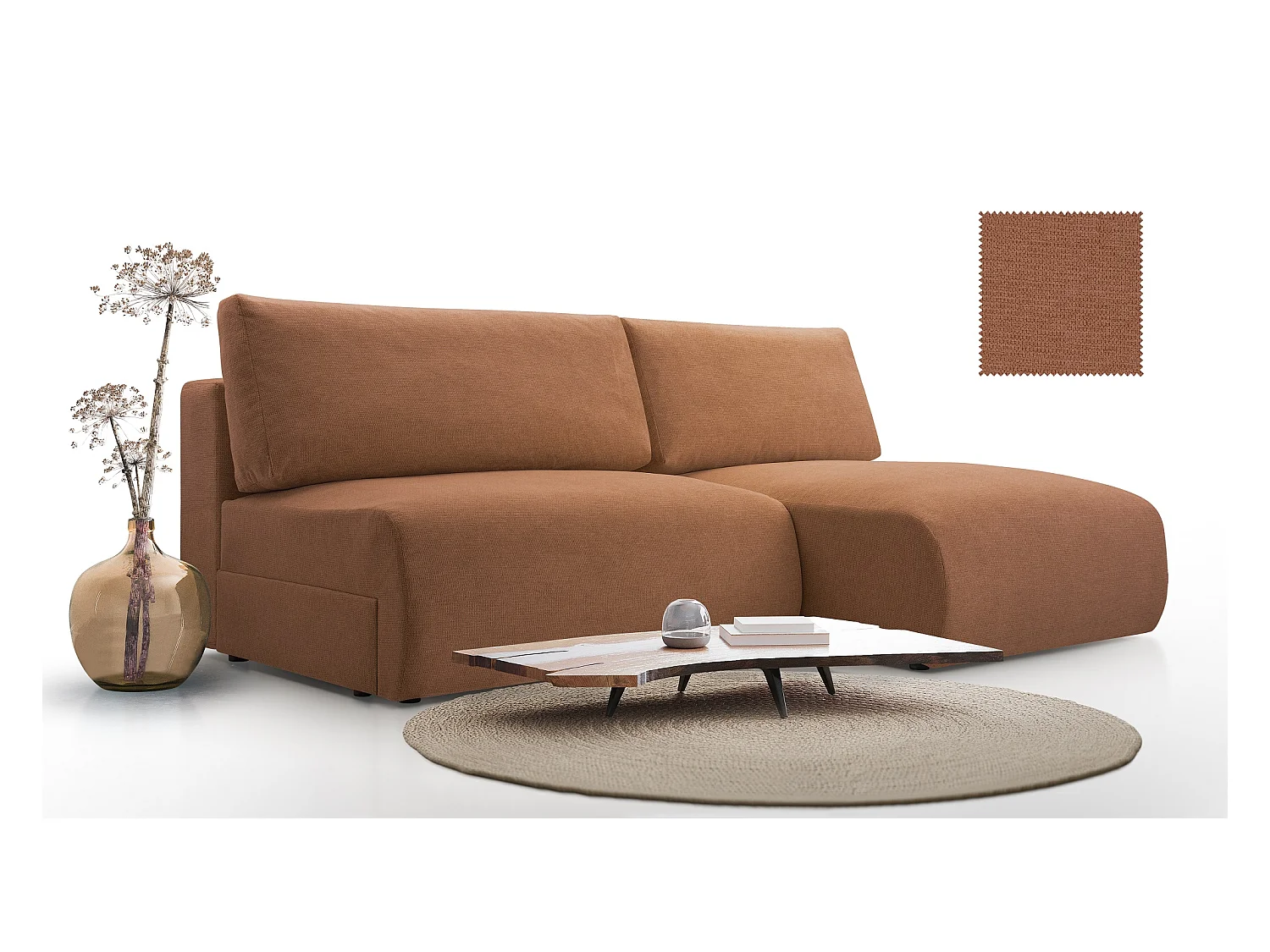 Ecksofa MILENA mit Schlaffunktion, Bettkasten & ARAGON-Stoff – 223x150x95 cm – Rechts Braun