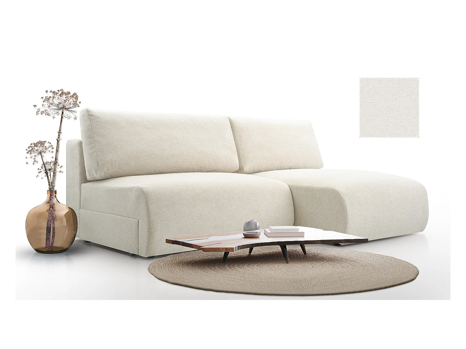 Ecksofa MILENA mit Schlaffunktion, Bettkasten & ARAGON-Stoff – 223x150x95 cm – Rechts Beige