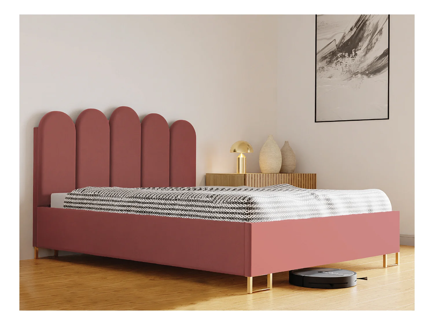 Polsterbett MALAGA mit gepolstertem Kopfteil, ELEMENT-Stoff, Bettkasten mit Gasdruckfeder, Betthöhe 39 cm, 200×200 cm, Rosa