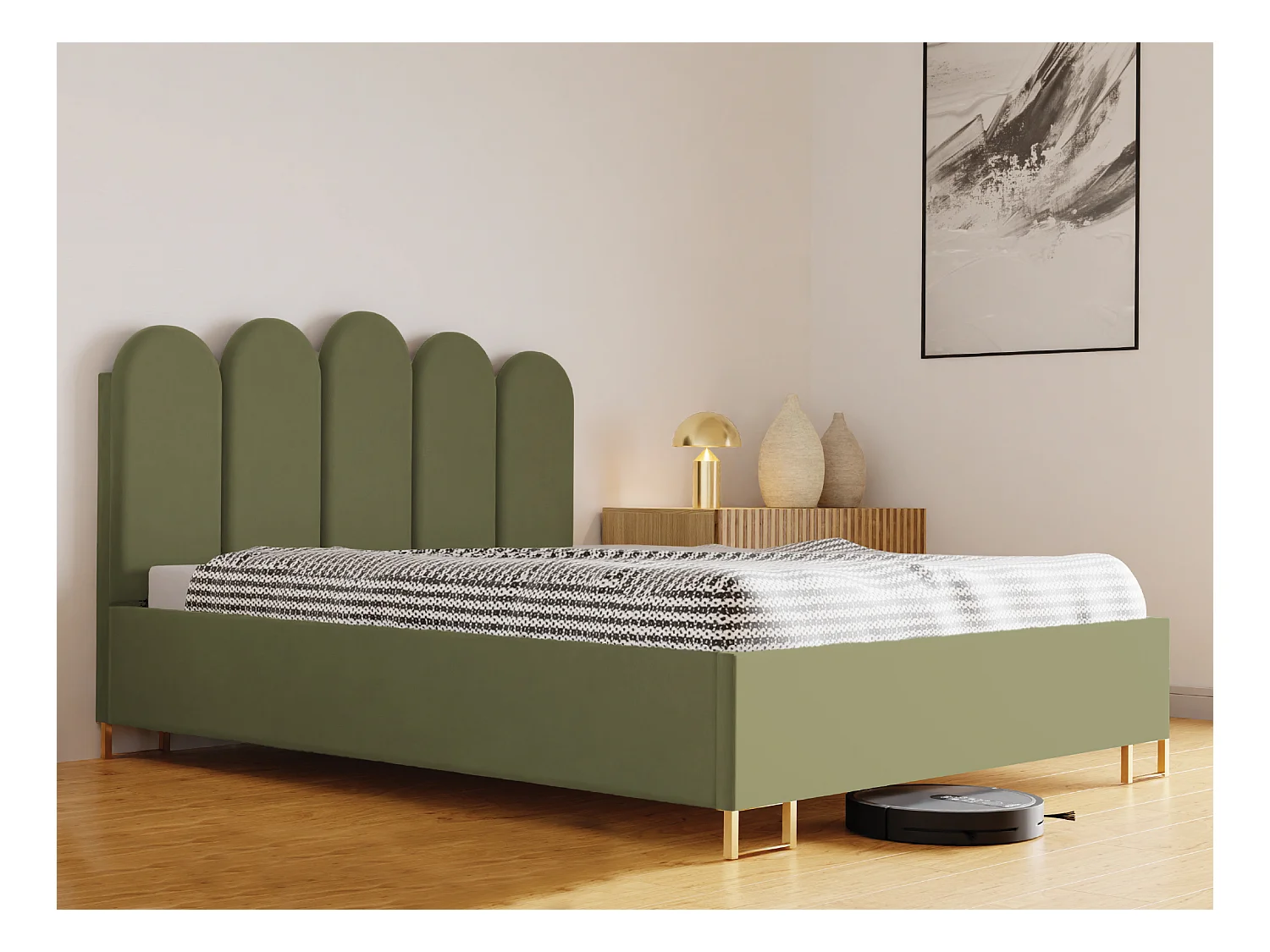 Polsterbett MALAGA mit gepolstertem Kopfteil, ELEMENT-Stoff, Bettkasten mit Gasdruckfeder, Betthöhe 39 cm, 160×200 cm, Hellgrün