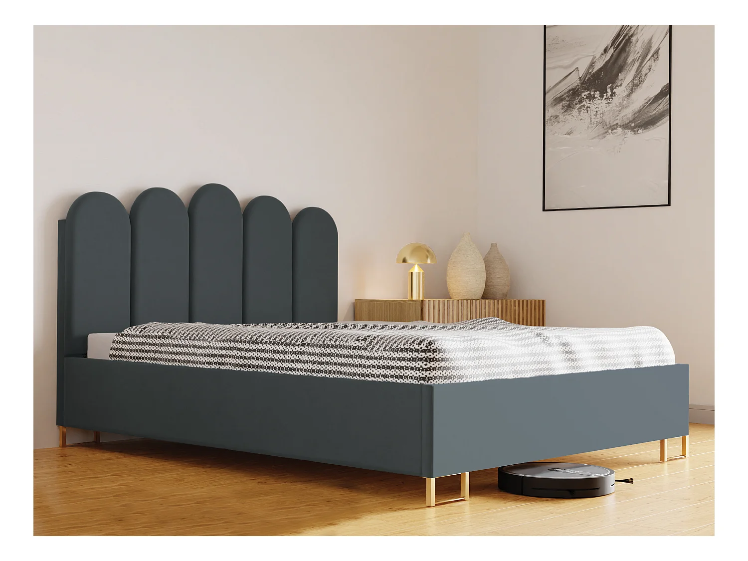 Polsterbett MALAGA mit gepolstertem Kopfteil, ELEMENT-Stoff, Bettkasten mit Gasdruckfeder, Betthöhe 39 cm, 120×200 cm, Grau