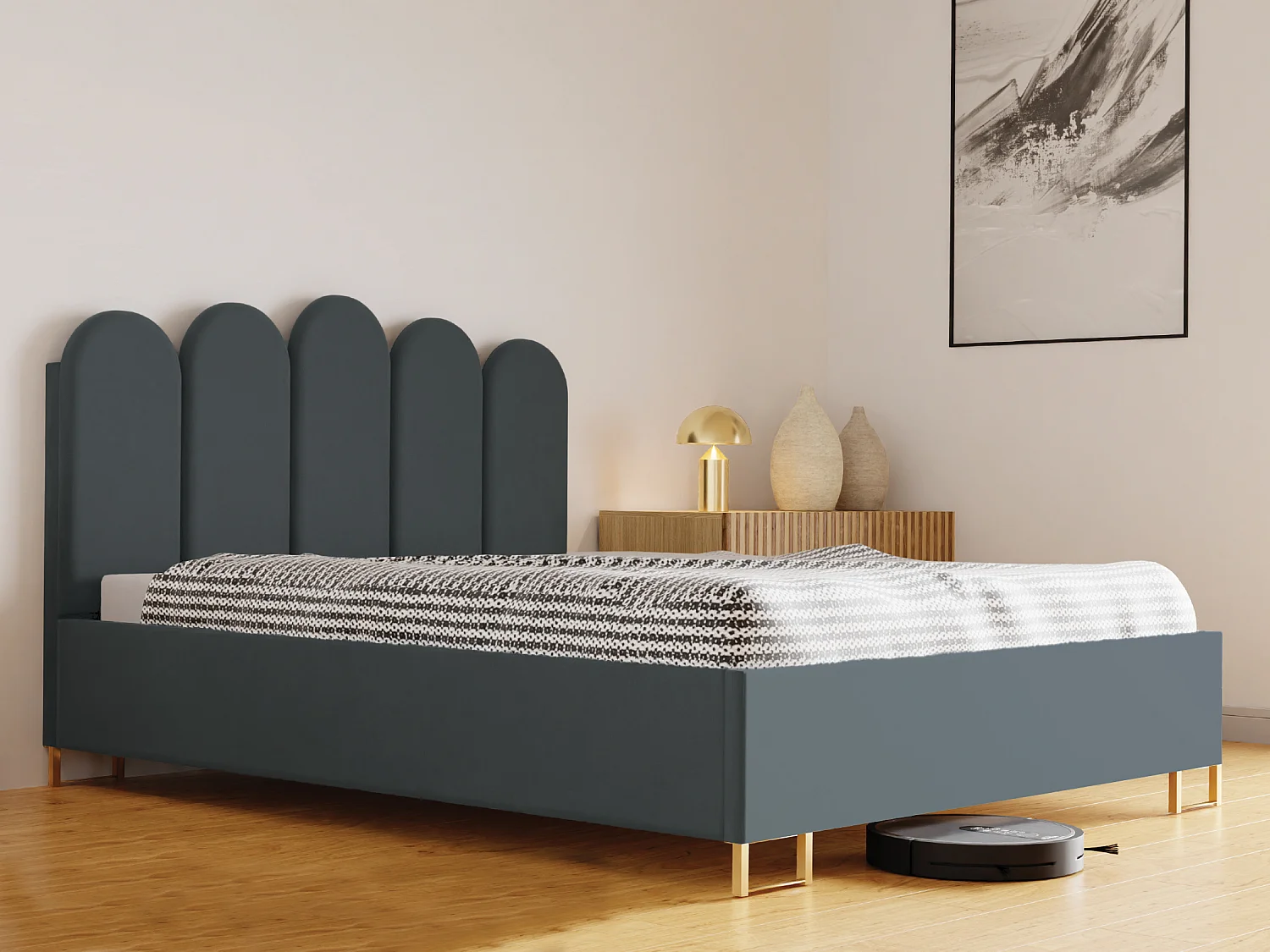 Lit MALIBU, tête de lit rembourrée, revêtement ELEMENT haut de gamme, coffre avec vérins à gaz, hauteur confort 39 cm, 120x200 cm, Gris