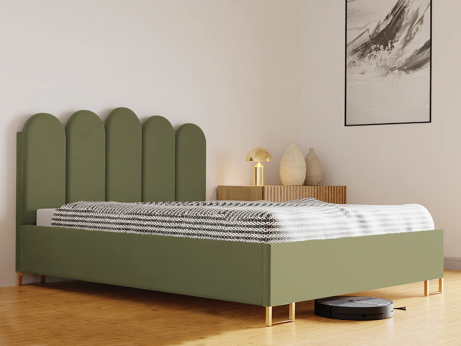 Cama estofada MALIBU, cabeceira acolchoada, tecido ELEMENT premium, baú com pistão a gás, altura confortável 39 cm, 120x200 cm, Verde claro