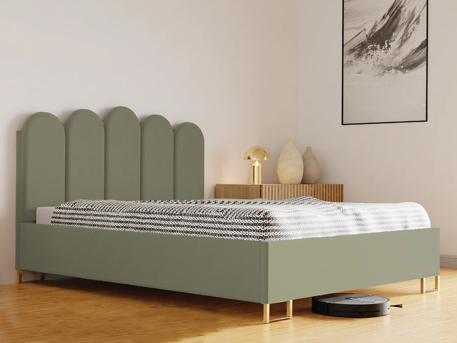 Letto imbottito MALIBU, testiera, rivestimento ELEMENT, box contenitore con pistone a gas, altezza letto 39 cm, 200x200 cm, Verde lime