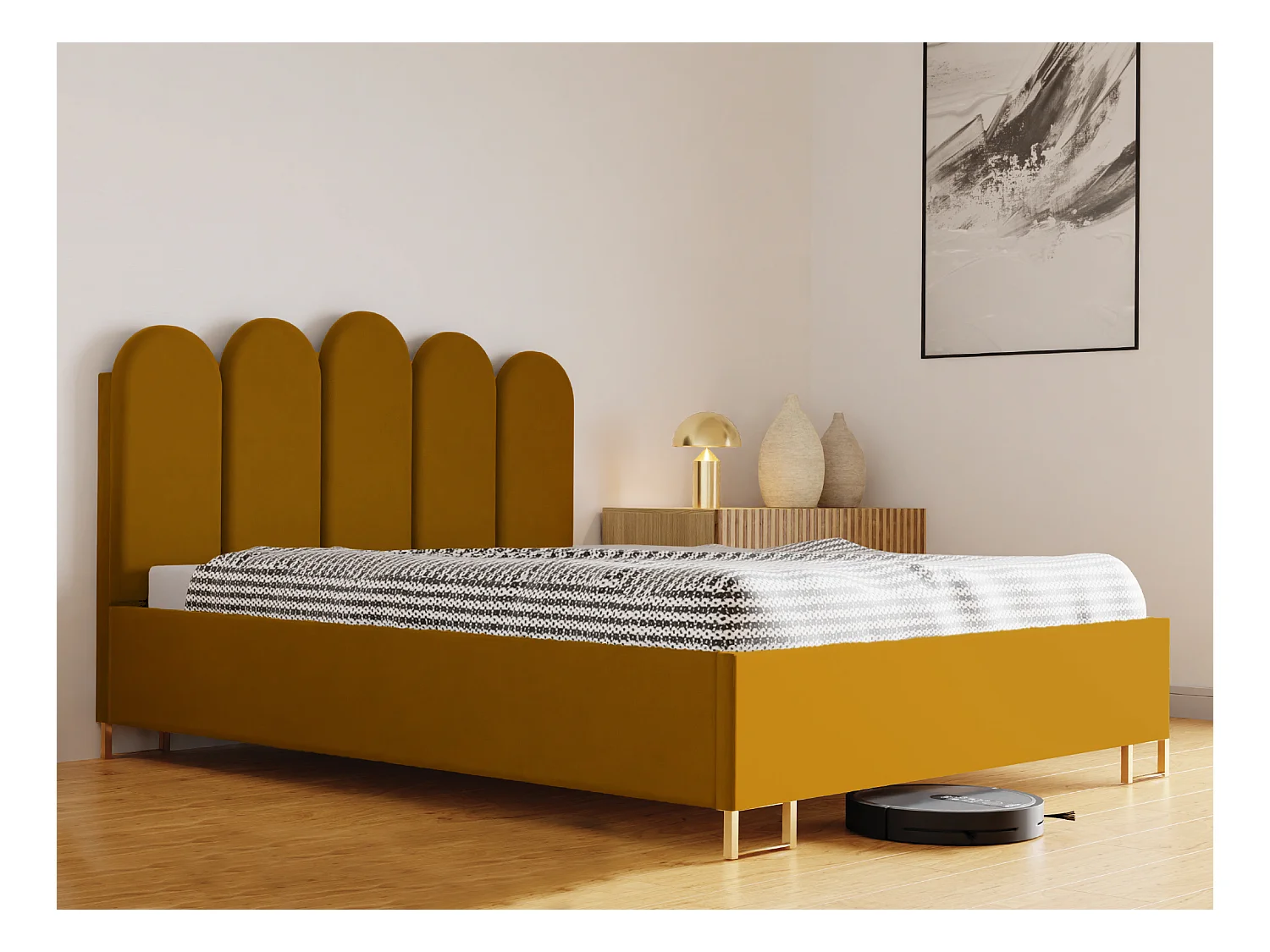 Polsterbett MALAGA mit gepolstertem Kopfteil, ELEMENT-Stoff, Bettkasten mit Gasdruckfeder, Betthöhe 39 cm, 120×200 cm, Orange