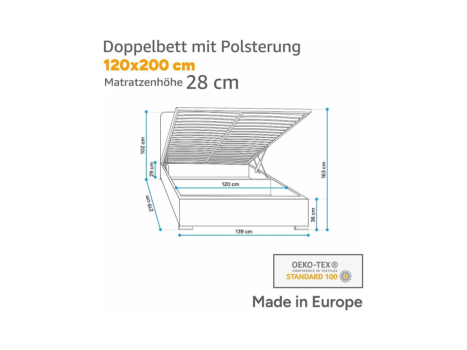Polsterbett MALAGA mit gepolstertem Kopfteil, ELEMENT-Stoff, Bettkasten mit Gasdruckfeder, Betthöhe 39 cm, 120×200 cm, Orange