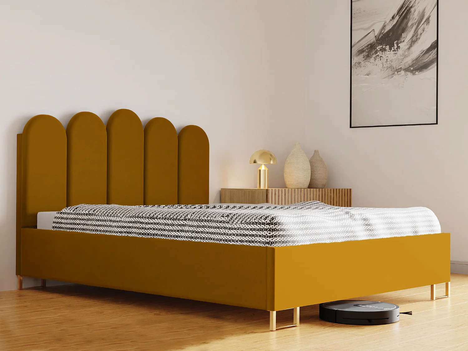 Letto imbottito MALIBU, testiera, rivestimento ELEMENT, box contenitore con pistone a gas, altezza letto 39 cm, 140x200 cm, Arancione