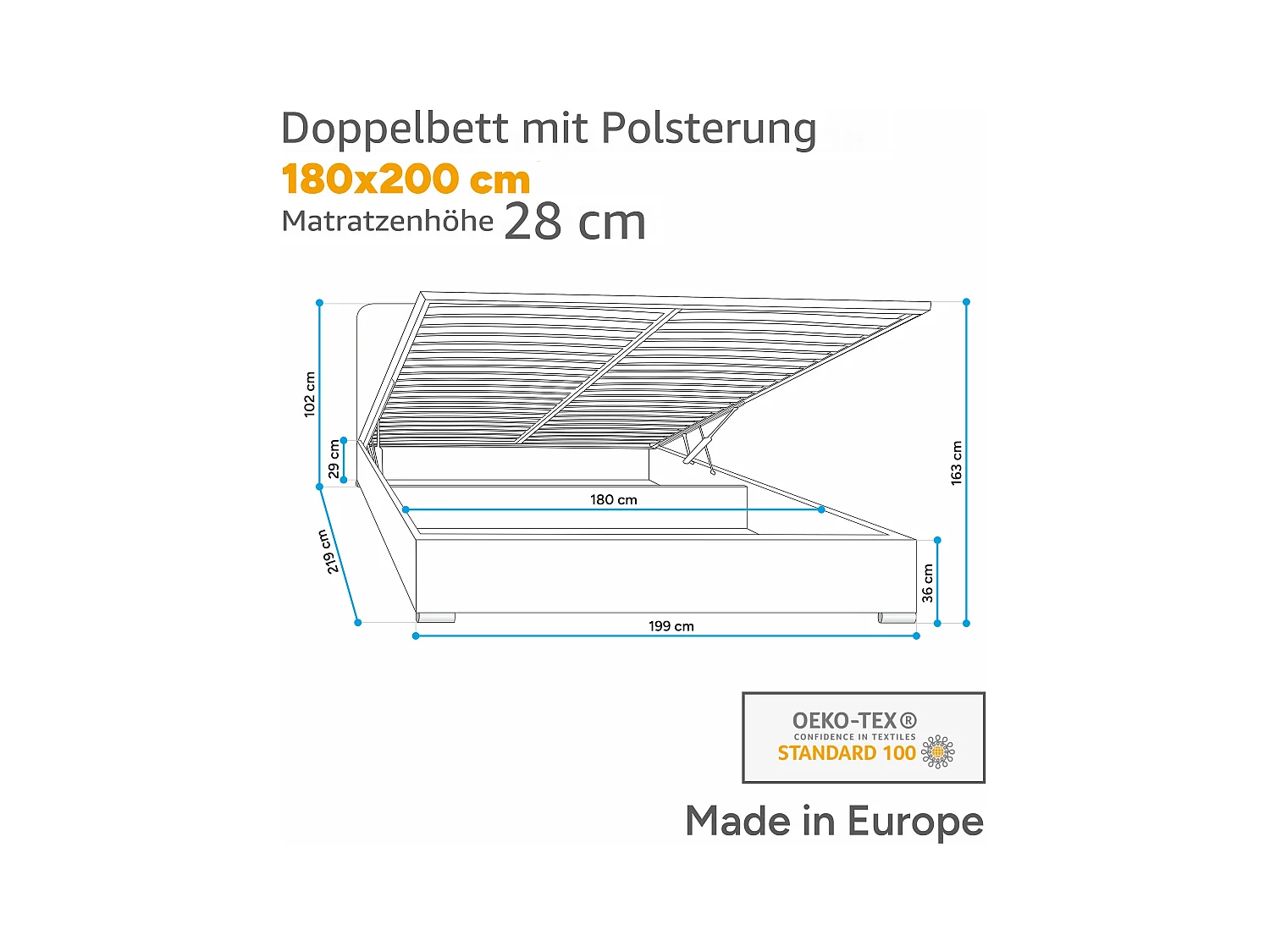 Polsterbett MALAGA mit gepolstertem Kopfteil, ELEMENT-Stoff, Bettkasten mit Gasdruckfeder, Betthöhe 39 cm, 180×200 cm, Aprikose