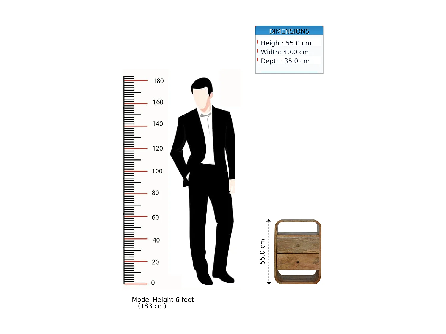 Table de chevet London Artisan Furniture, 2 tiroirs, 2 compartiments ouverts, marron