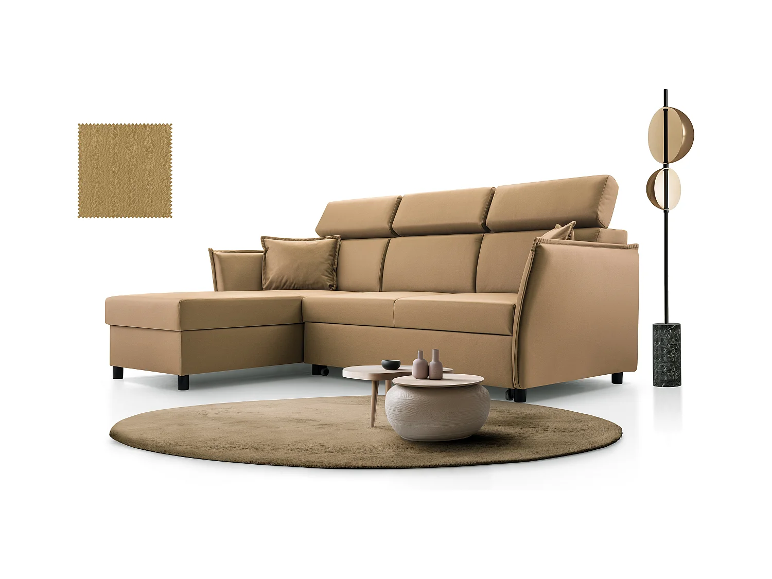 Ecksofa mit Schlaffunktion und Bettkasten-198x127cm,Verstellbare Kopfstützen,Schlafsofa,Bettsofa,Freistehend,Außenmaße 227x161,Linke Seite,Cappuccino