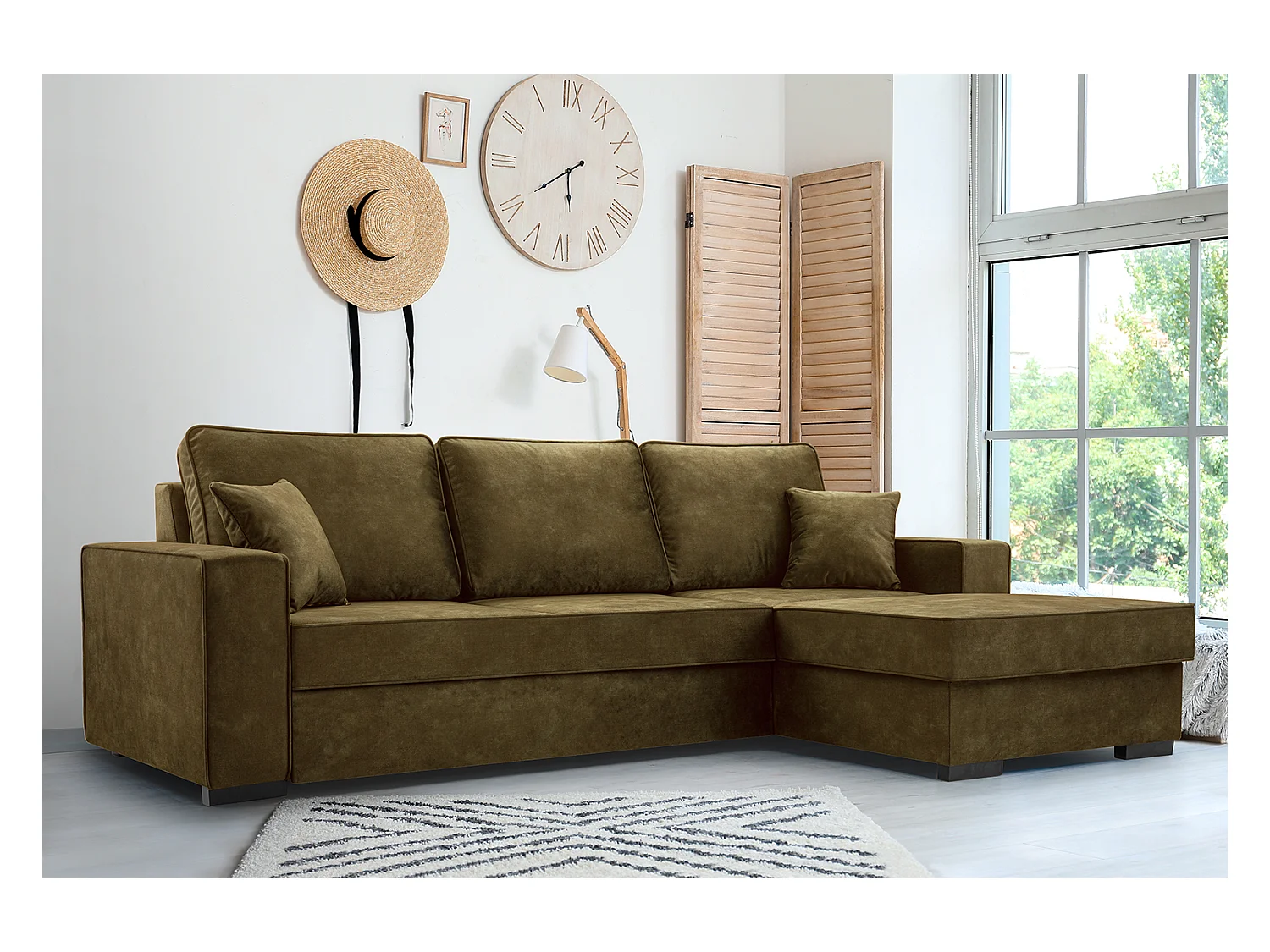 Schlafcouch mit Stauraum & Schlaffunktion – Sofa mit Automatik-Wagenmechanismus, Veloursstoff, gepolstertes Ecksofa | 223x160 cm | Grün, Rechte Seite