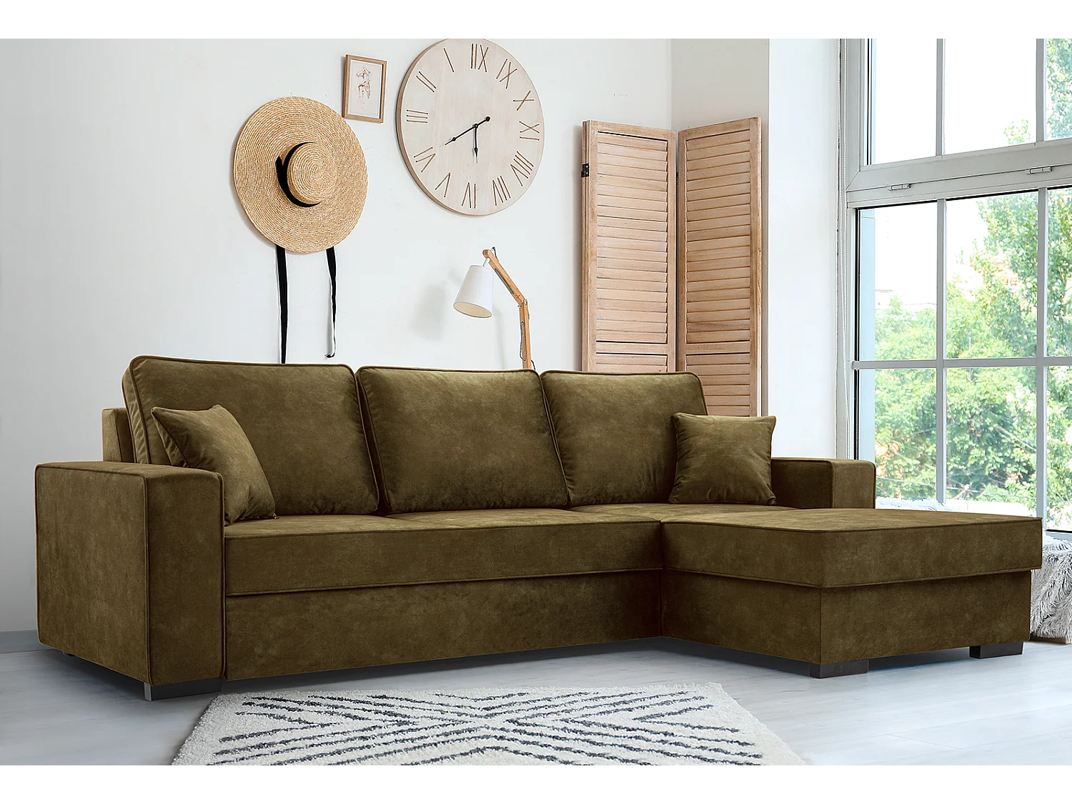 Slaapbank met opberg- en bedfunctie - Automatisch mechanisme, fluwelen stof, gestoffeerde hoekbank, 223x160 cm, Groen, rechts