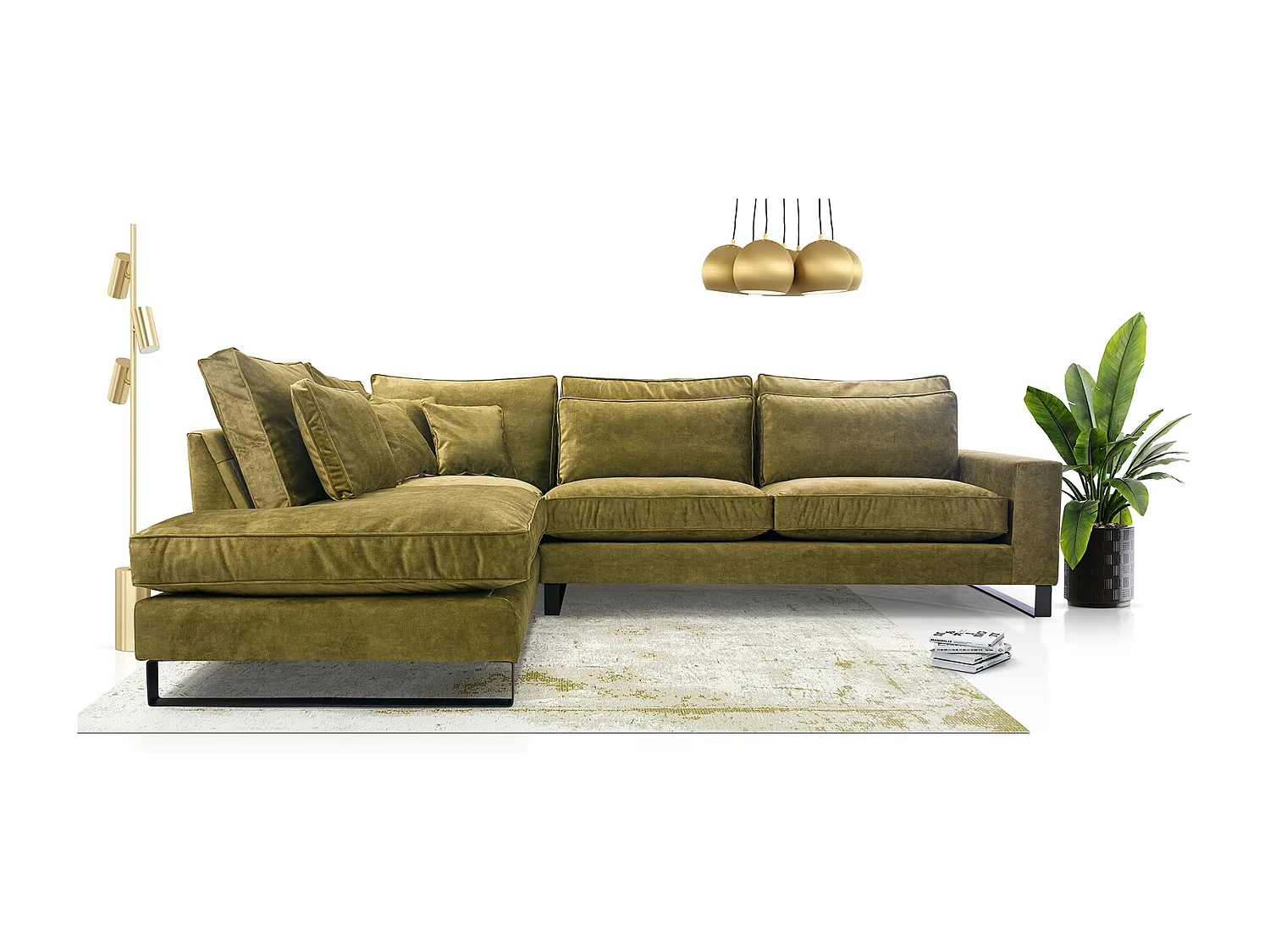 Ecksofa Freistehend L-förmig mit Wasserabweisendem Torre-Bezug, Abnehmbaren Kissen und Schwarzen Metallfüßen – Linke Seite 314x224x90 cm, Grün