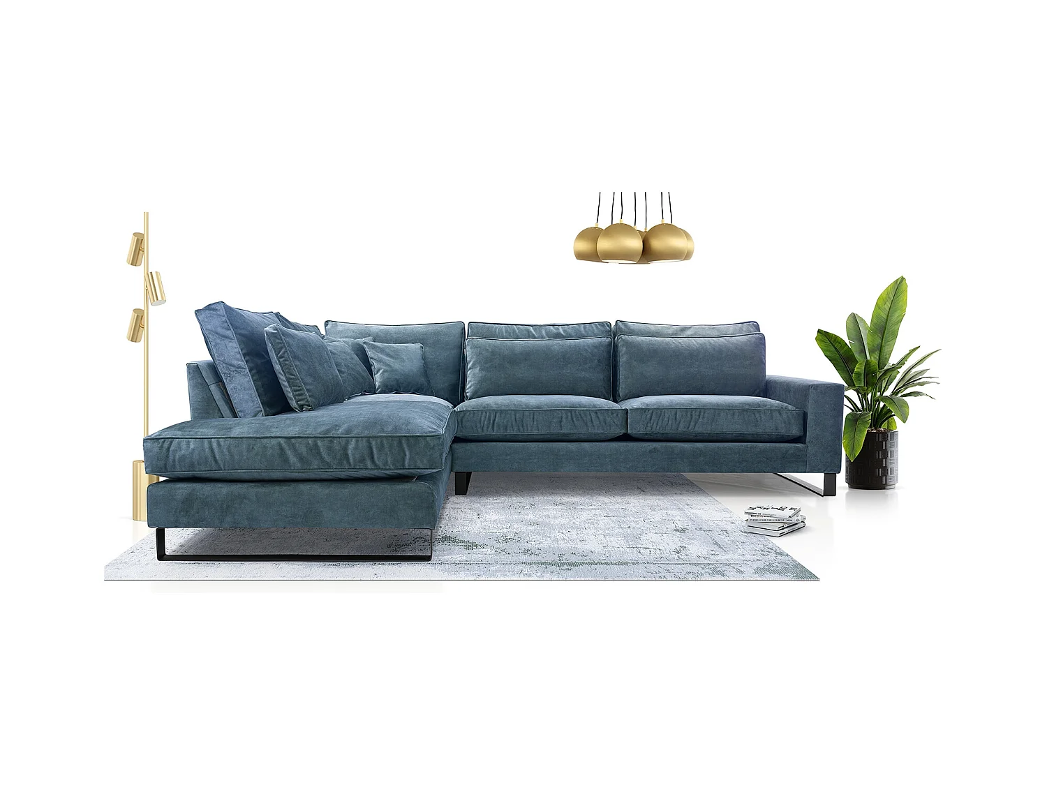 Ecksofa Freistehend L-förmig mit Wasserabweisendem Torre-Bezug, Abnehmbaren Kissen und Schwarzen Metallfüßen – Linke Seite 314x224x90 cm, Blau