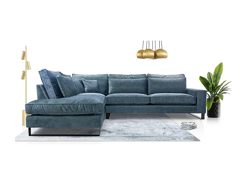Ecksofa Freistehend L-förmig mit Wasserabweisendem Torre-Bezug, Abnehmbaren Kissen und Schwarzen Metallfüßen – Linke Seite 314x224x90 cm, Blau