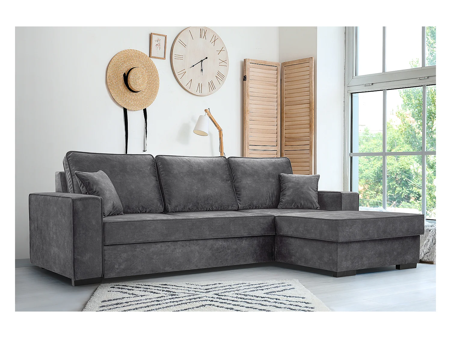 Schlafcouch mit Stauraum & Schlaffunktion – Sofa mit Automatik-Wagenmechanismus, Veloursstoff, gepolstertes Ecksofa | 223x160 cm | Grau, Rechte Seite
