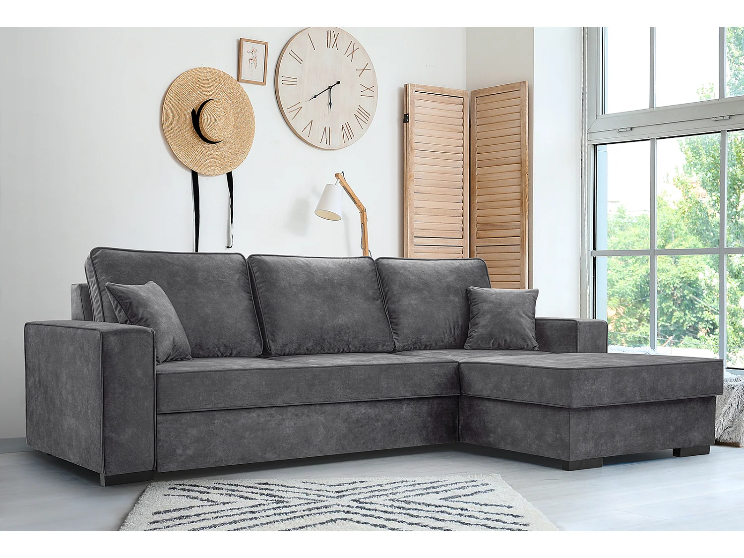 Sofá-cama com arrumação e função de cama - Mecanismo automático, tecido de veludo, sofá de canto estofado, 223x160 cm, cinzento, direito