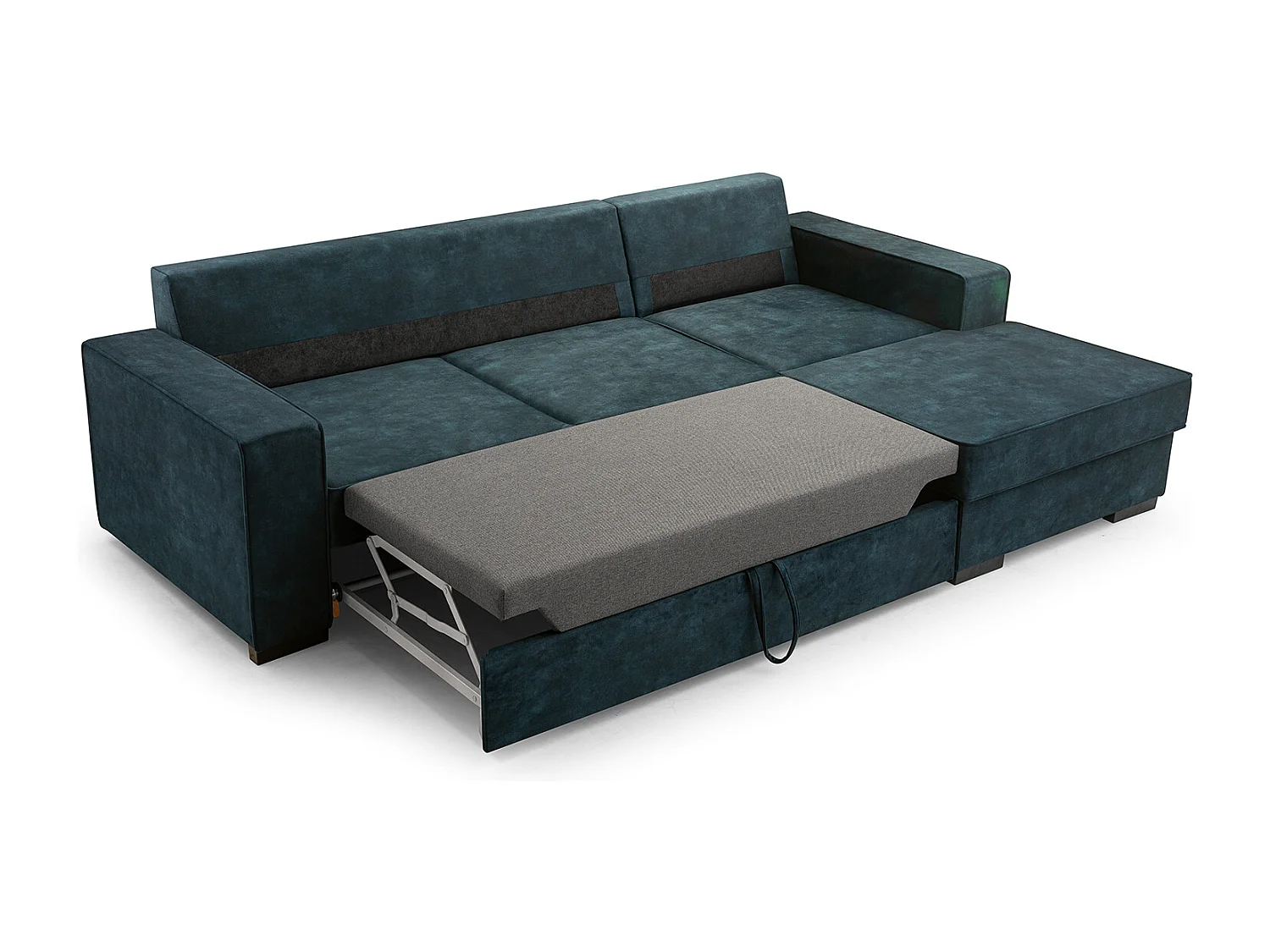 Sofá-cama com arrumação e função de cama - Mecanismo automático, tecido de veludo, sofá de canto estofado, 223x160 cm, cinzento, direito