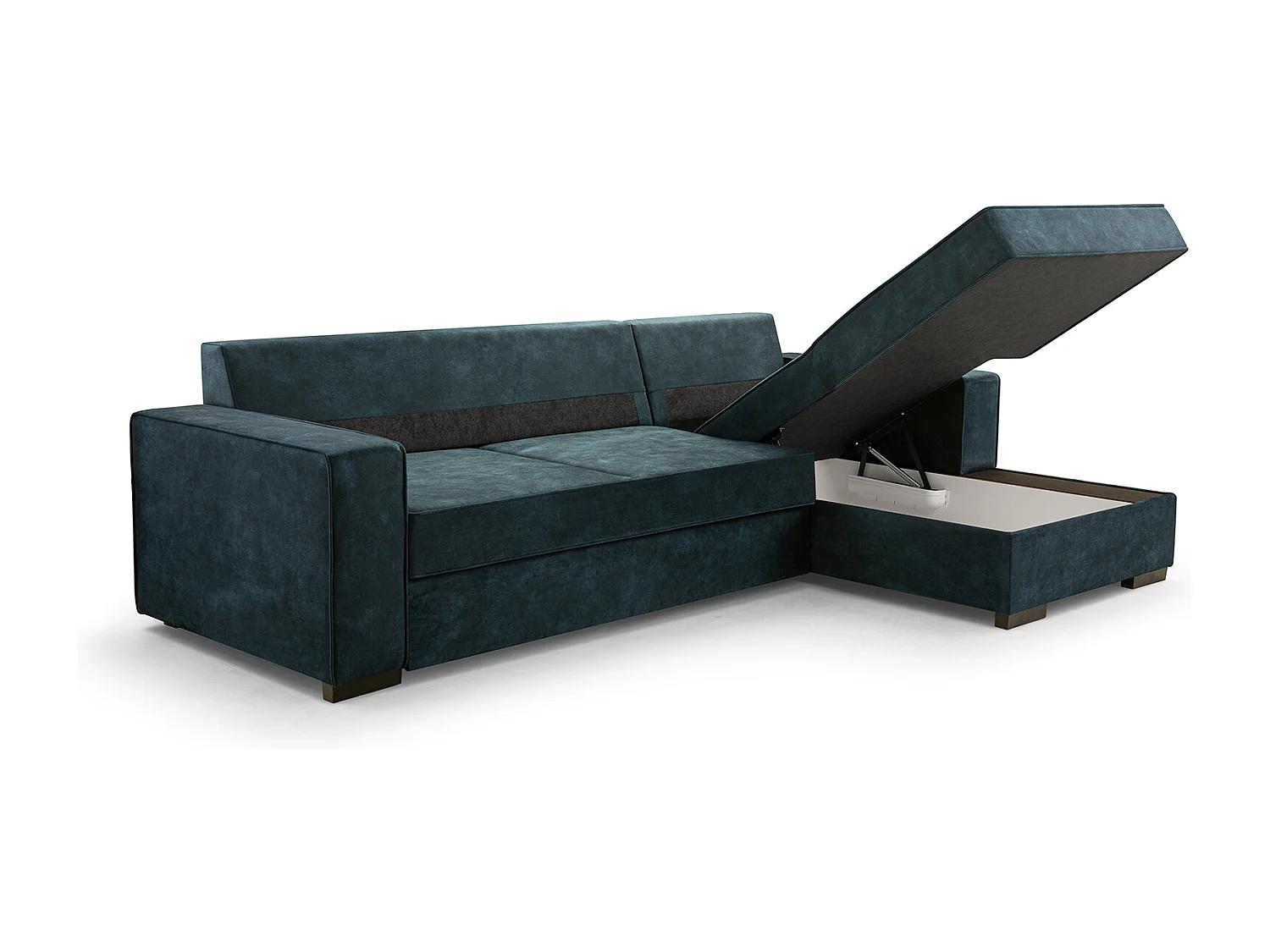 Sofá-cama com arrumação e função de cama - Mecanismo automático, tecido de veludo, sofá de canto estofado, 223x160 cm, cinzento, direito