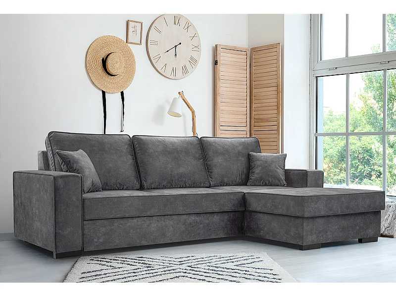 Schlafcouch mit Stauraum & Schlaffunktion – Sofa mit Automatik-Wagenmechanismus, Veloursstoff, gepolstertes Ecksofa | 223x160 cm | Grau, Rechte Seite
