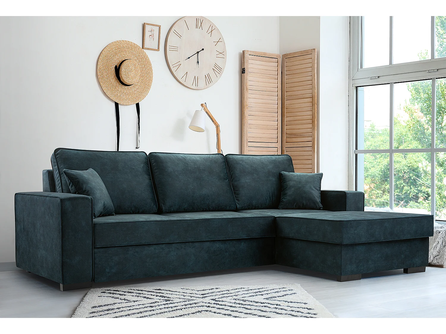 Sofa rozkładana ze schowkiem i funkcją spania - Mechanizm automatyczny, tkanina aksamitna, narożnik tapicerowany, 223x160 cm, Niebieski, prawa