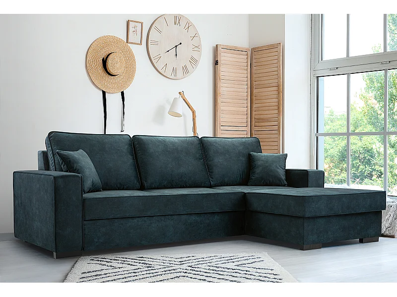 Schlafcouch mit Stauraum & Schlaffunktion – Sofa mit Automatik-Wagenmechanismus, Veloursstoff, gepolstertes Ecksofa | 223x160 cm | Blau, Rechte Seite
