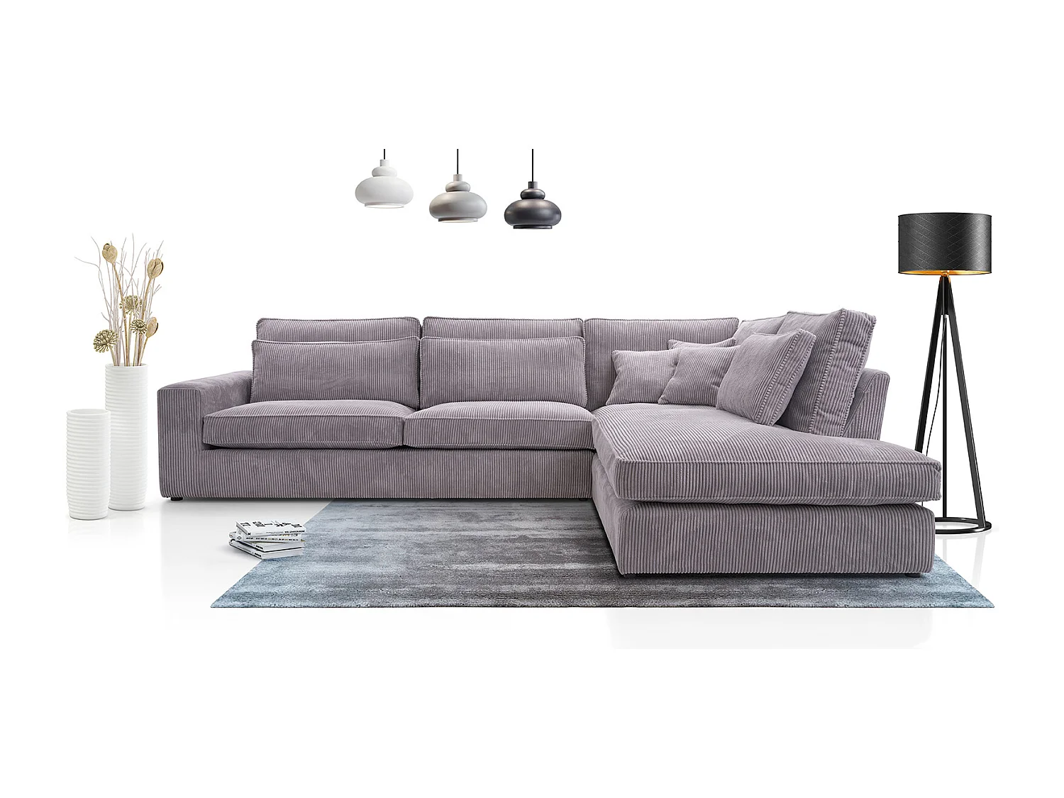 Ecksofa COBRA, Stoff-LINCOLN, Modernes Ecksofa Mit Kissen, Wellenfederung, Rückseite Bezogen, Freistehend, Rechts-Layout 89x314x224cm, VIOLETT